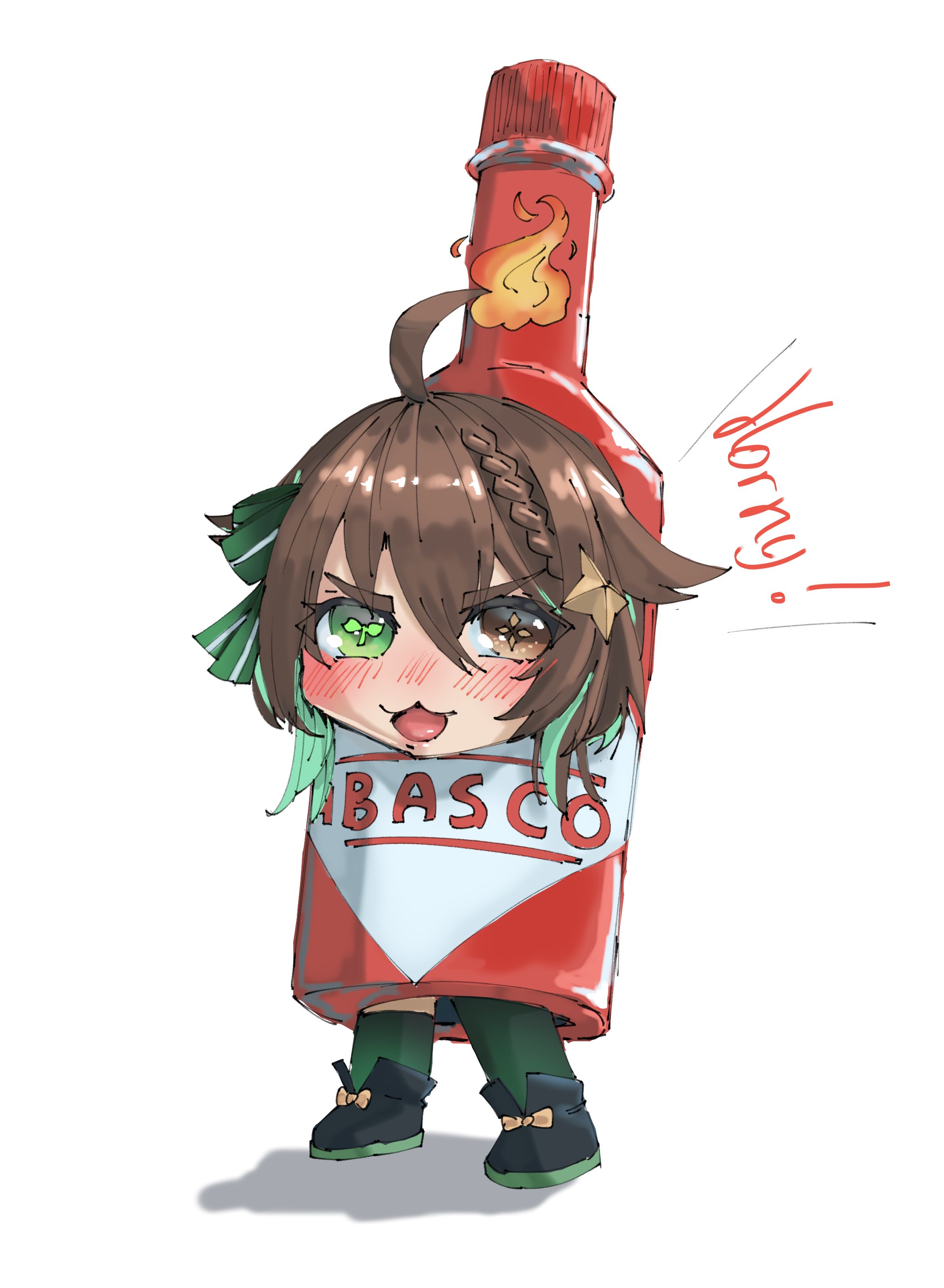 trebas, meica (vtuber), indie virtual youtuber, tabasco, absurdres, commentary, highres, 1girl, :3, :d, ahoge, aqua hair, black boots, blush, boots, bow, braid, brown eyes, brown hair, chibi, colored inner hair, costume, cross-shaped pupils, english text, flower, green bow, green eyes, green socks, hair bow, hair flaps, hair flower, hair ornament, heterochromia, hot sauce, medium hair, mismatched pupils, multicolored hair, nose blush, open mouth, shouting, single braid, smile, socks, spanish commentary, sprout-shaped pupils, star (symbol), star hair ornament, symbol-shaped pupils, v-shaped eyebrows, virtual youtuber