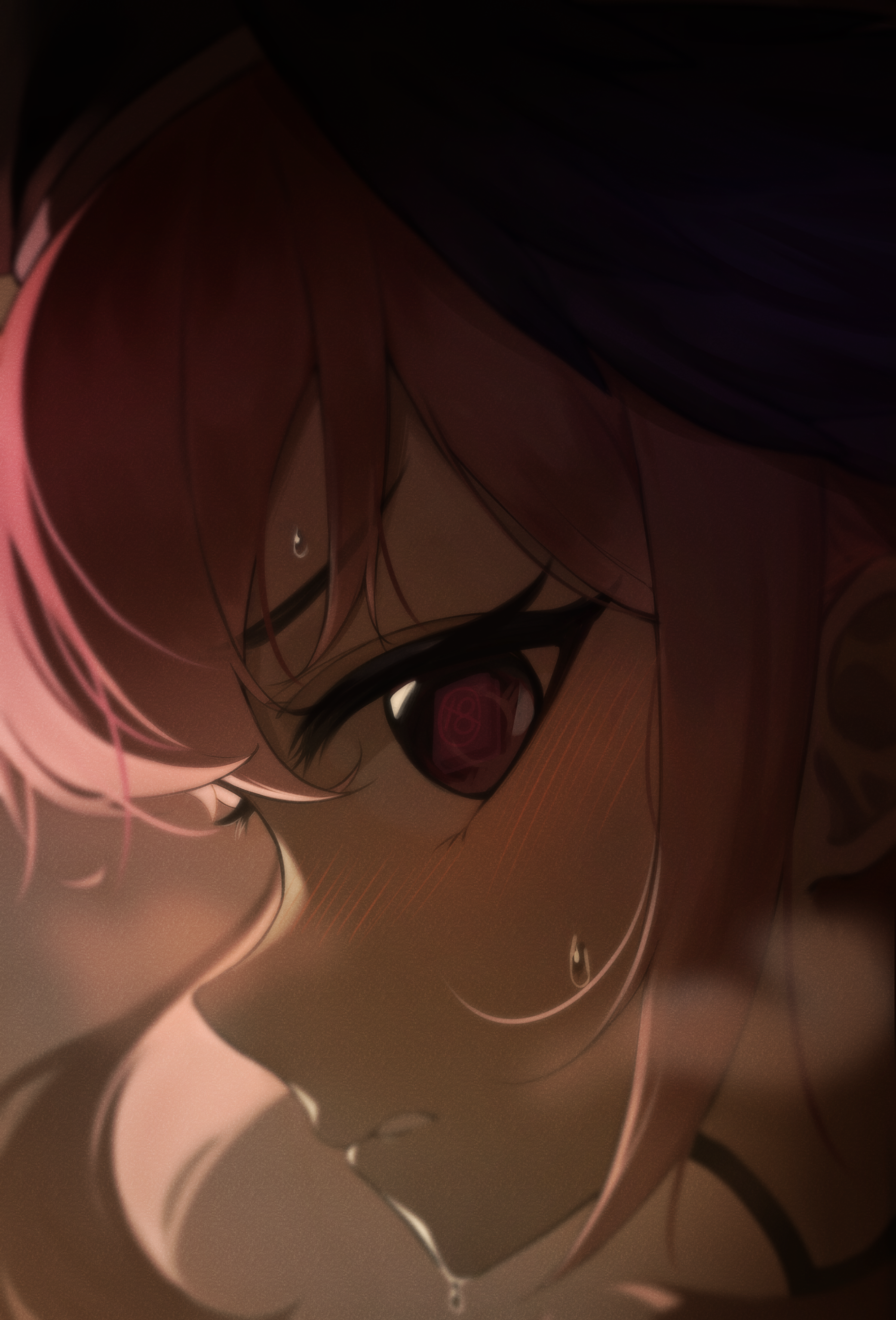 moving gun, koharu (blue archive), blue archive, absurdres, commentary request, highres, 1girl, backlighting, blush, breath, content rating, eye reflection, film grain, head wings, long hair, parted lips, pink hair, portrait, profile, reflection, solo, sweat, wings