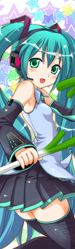 19 (nin19), hatsune miku, vocaloid, 1girl, :d, aqua hair, aqua necktie, aqua trim, bare shoulders, black skirt, black sleeves, black thighhighs, blush, breasts, detached sleeves, dot nose, food, green eyes, grey shirt, half updo, headset, holding, holding food, holding spring onion, holding vegetable, lace, lace-trimmed collar, lace-trimmed shirt, lace trim, long hair, looking at viewer, miniskirt, necktie, open mouth, pleated skirt, shirt, shoulder blush, skinny, skirt, sleeveless, sleeveless shirt, small breasts, smile, solo, spring onion, star (symbol), star symbol background, thighhighs, tongue, twintails, vegetable, wide sleeves, wing collar