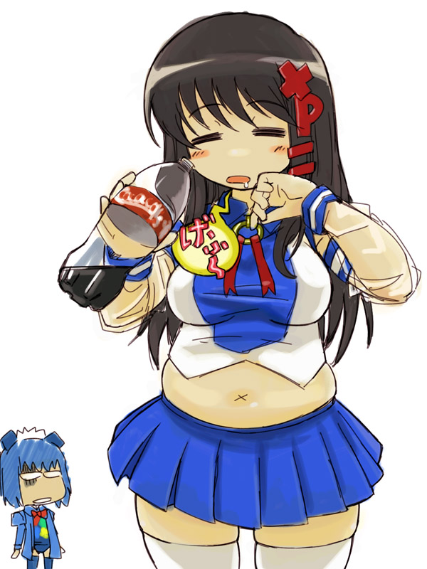 michael f91, 2k-tan, xp-tan, coca-cola, os-tan, translation request, 2girls, belch, belly, black hair, blue skirt, breasts, closed eyes, cola, drink, long hair, love handles, medium breasts, muffin top, multiple girls, navel, plump, skirt, soda, thighhighs