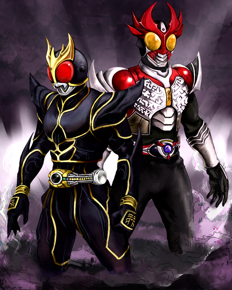 kamen rider agito, kamen rider agito (shining form), kamen rider kuuga, kamen rider kuuga (ultimate form), kamen rider, kamen rider agito (series), kamen rider kuuga (series), bad id, bad pixiv id, 1girl, 2boys, belt, bodysuit, breasts, cowboy shot, gauntlets, goggles, helmet, looking at viewer, multiple boys, standing