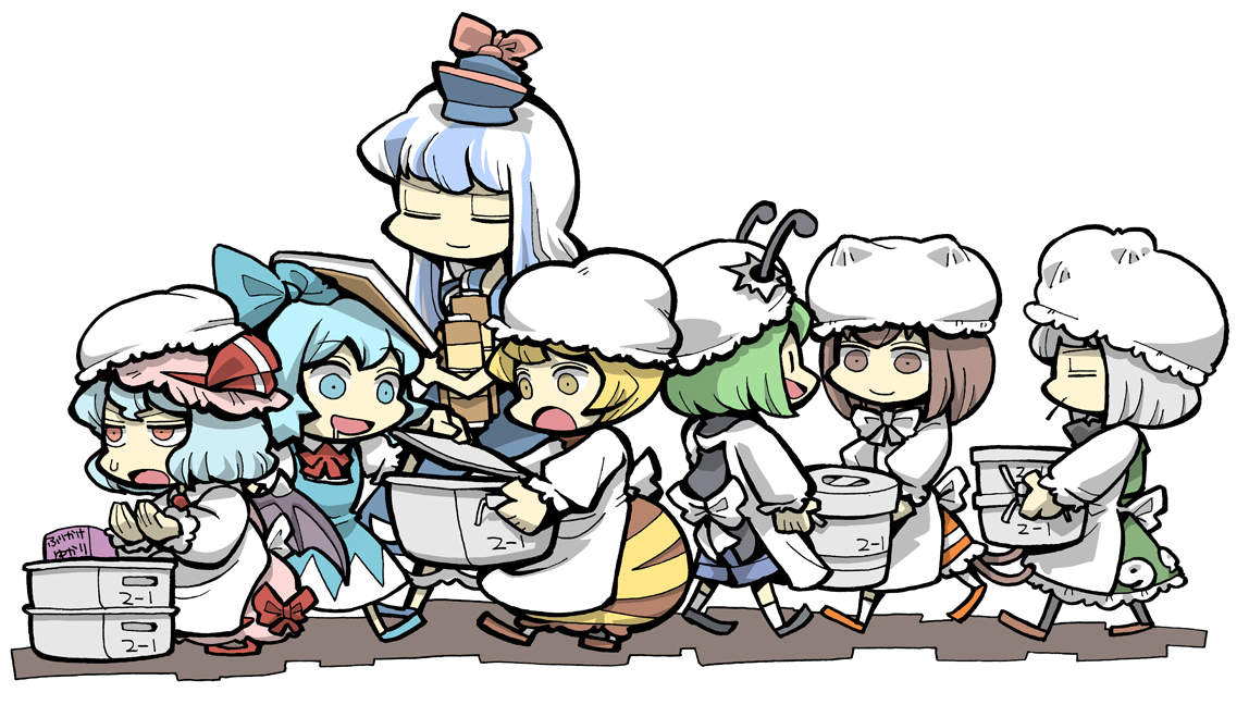 hounori, chen, cirno, kamishirasawa keine, konpaku youmu, kurodani yamame, remilia scarlet, wriggle nightbug, touhou, pot, white legwear, bad id, bad pixiv id, 6+girls, aged down, animal ears, antennae, apron, ascot, bat wings, blonde hair, blue eyes, blue hair, book, bow, bowtie, brown eyes, brown hair, carrying, cat ears, chibi, closed eyes, dress, drooling, frills, green hair, hair bow, hat, holding, kappougi, kneehighs, magatama, mob cap, mouth hold, multicolored hair, multiple girls, pinafore dress, puffy short sleeves, puffy sleeves, red bow, red eyes, saliva, short hair, short sleeves, shorts, sleeveless, sleeveless dress, socks, standing, torn clothes, walking, white apron, white background, white hair, white hat, wings, yellow eyes