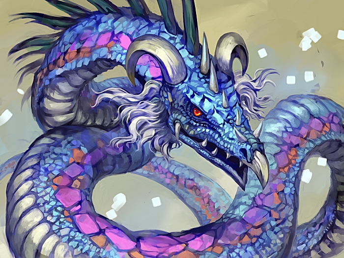 inadaokiki, scaled wurm, magic: the gathering, brown background, dragon, fangs, horns, looking at viewer, monster, no humans, open mouth, red eyes, scales, sharp teeth, simple background, teeth