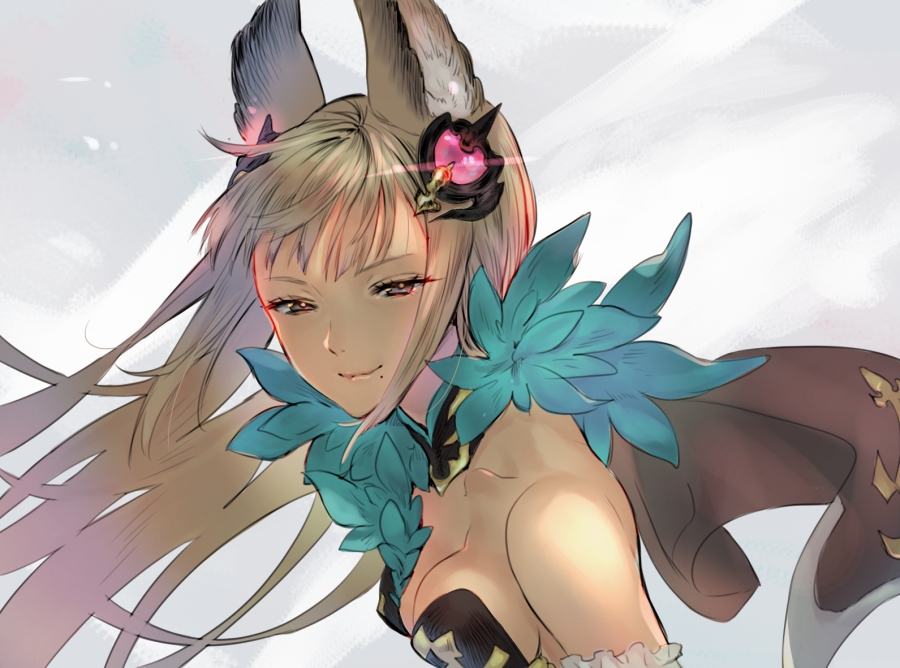 natsuhiko, metera (granblue fantasy), granblue fantasy, commentary request, 1girl, animal ears, bare shoulders, breasts, brown hair, cleavage, erune, grey background, hair ornament, long hair, looking at viewer, mole, mole under mouth, simple background, smile, solo, upper body