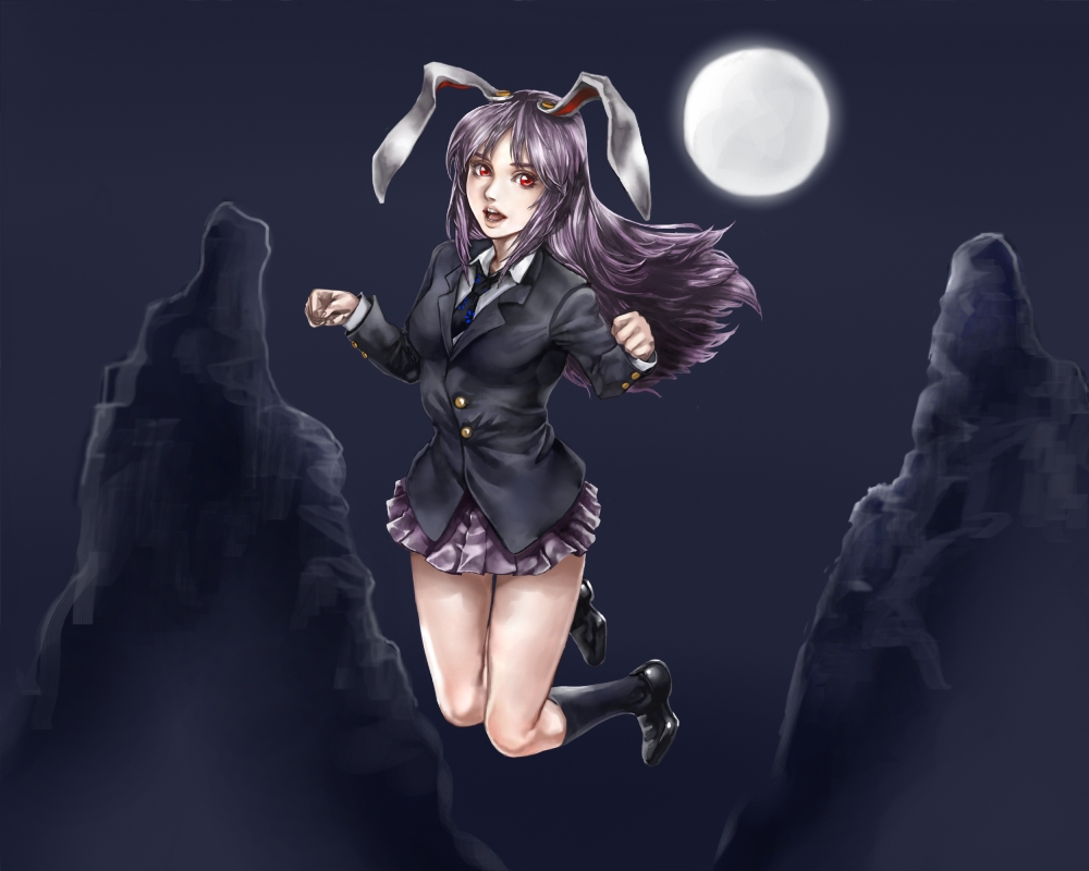touge (kubiwa tsuki), reisen udongein inaba, touhou, bad id, bad pixiv id, 1girl, animal ears, blazer, female focus, full body, jacket, jumping, long hair, miniskirt, moon, necktie, open mouth, outdoors, pleated skirt, purple hair, rabbit ears, red eyes, school uniform, shoes, skirt, sky, socks, solo