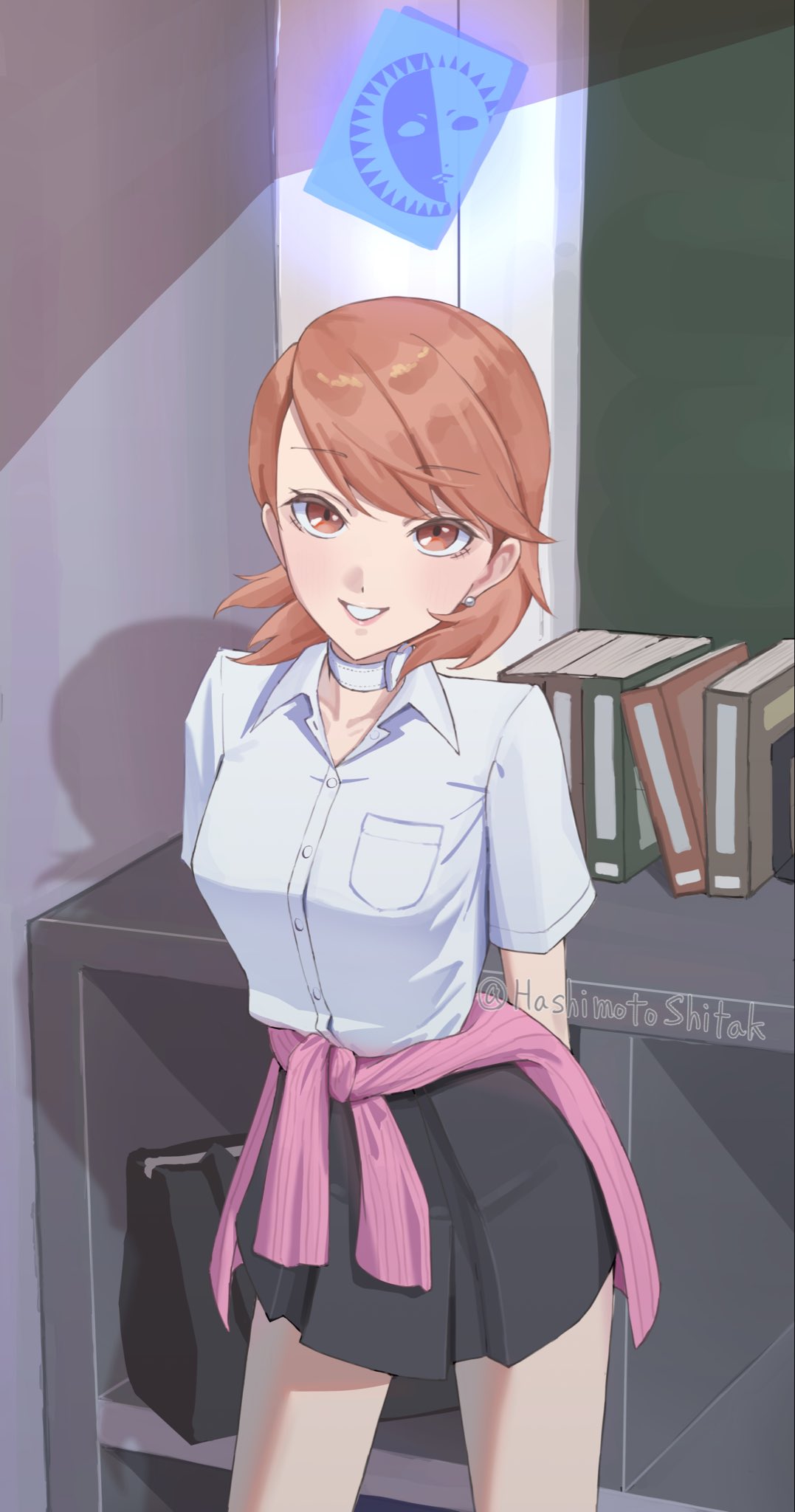 papapa yoisyo, takeba yukari, persona, persona 3, commentary request, highres, 1girl, arms behind back, bag, birthday, black skirt, blush, book, breasts, brown eyes, brown hair, buttons, card, cardigan, cardigan around waist, choker, classroom, clothes around waist, collarbone, collared shirt, cowboy shot, earrings, flipped hair, gameplay mechanics, gekkoukan high school uniform, heart, heart choker, indoors, jewelry, looking at viewer, miniskirt, parted lips, pearl earrings, pink cardigan, pleated skirt, ribbed cardigan, school bag, school uniform, shirt, short hair, short sleeves, skirt, smile, solo, standing, stud earrings, summer uniform, swept bangs, twitter username, white choker, white shirt