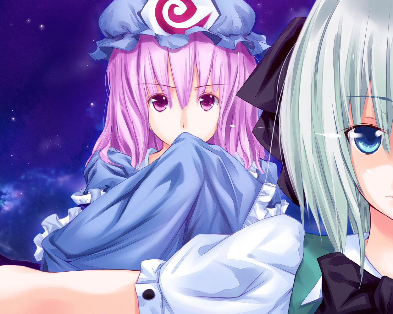 soumi shizuru, konpaku youmu, saigyouji yuyuko, touhou, silver hair, 2girls, blue eyes, covering own mouth, female focus, hand over own mouth, hat, japanese clothes, kimono, long sleeves, multiple girls, outstretched arms, pink hair, protecting, red eyes, ribbon, short hair, sleeves past wrists, spread arms