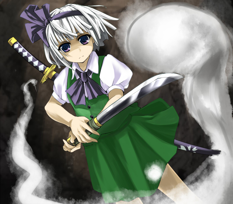yamu (yamuyama web), konpaku youmu, konpaku youmu (ghost), touhou, silver hair, 1girl, female focus, hitodama, short hair, solo, sword, weapon