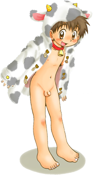 mitsui jun, lowres, 1boy, animal print, barefoot, bell, blush, bottomless, boy cow, brown eyes, brown hair, cow print, cowbell, flaccid, full body, looking at viewer, male focus, navel, penis, shota, small penis, smile, solo, standing, transparent background