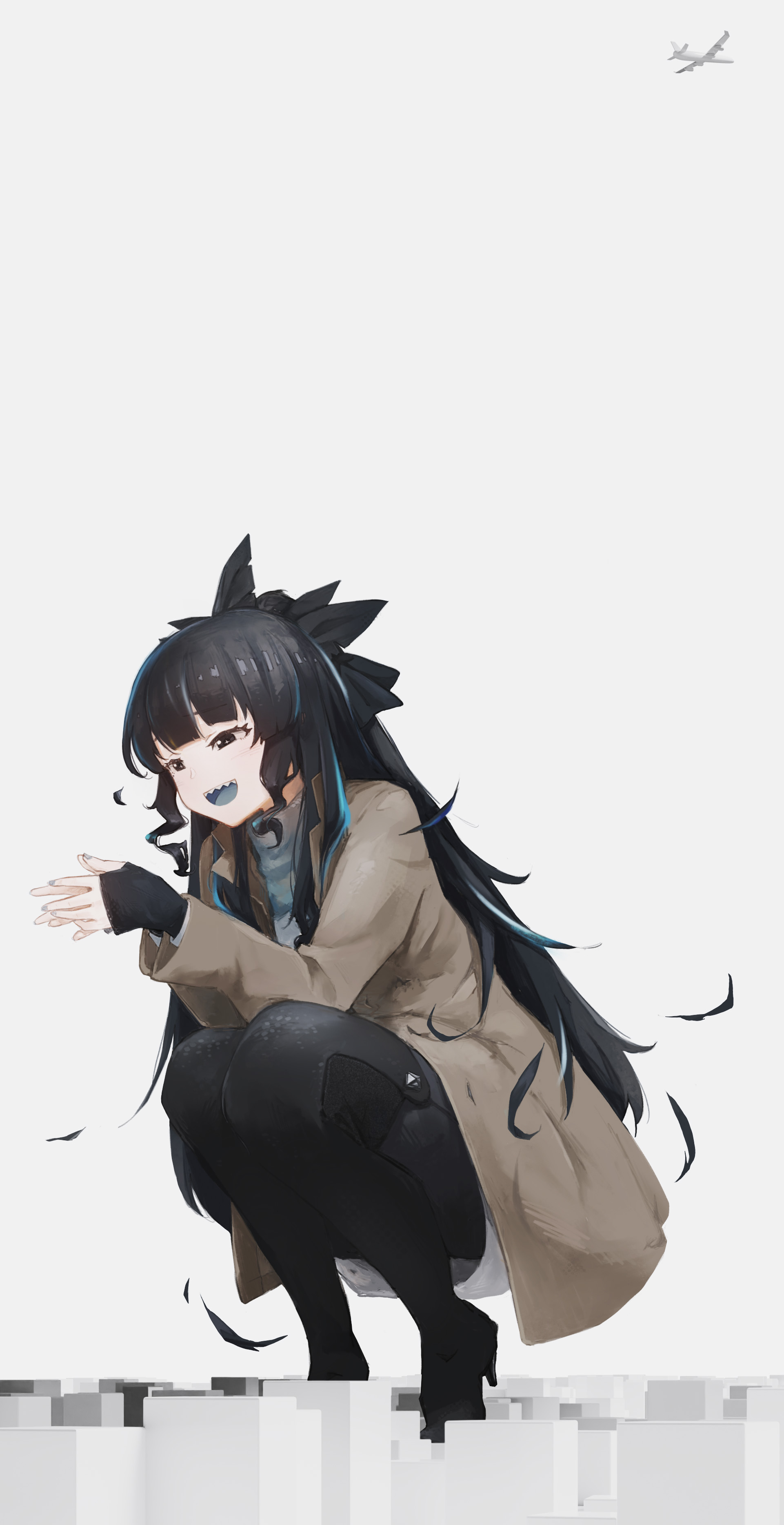 long bay, artemis of the blue, atelier live, absurdres, commentary, english commentary, highres, 1girl, aircraft, airplane, alternate costume, blue nails, blue tongue, blunt bangs, boots, coat, colored tongue, high heel boots, high heels, jacket, long coat, open clothes, open coat, open mouth, ponytail, shark fin, shark girl, sharp teeth, solo, teeth, thumb hole sleeves, virtual youtuber, wavy sidelocks, white background