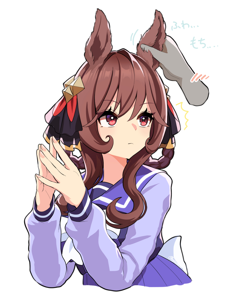 nieto tokage, gentildonna (umamusume), umamusume, 1girl, 1other, animal ears, blush, bow, bowtie, braid, braided hair rings, breasts, brown hair, closed mouth, ear ornament, hair between eyes, hair ornament, hair rings, hand up, horse ears, horse girl, long hair, purple sailor collar, purple shirt, purple skirt, red eyes, rubbing ears, sailor collar, sailor shirt, school uniform, shirt, simple background, skirt, solo focus, tracen school uniform, white background, white bow, white bowtie