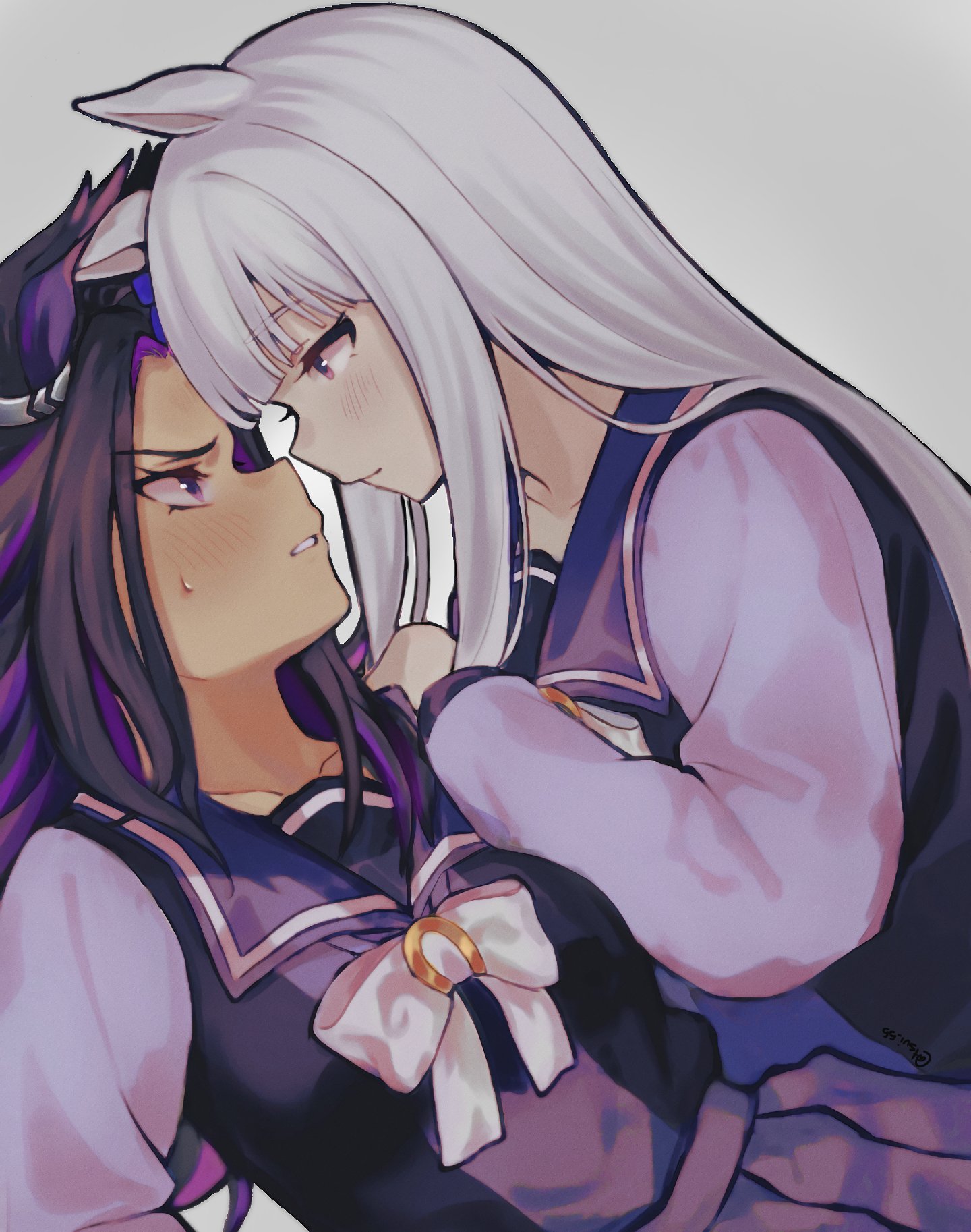 tsui55, fenomeno (umamusume), gold ship (umamusume), umamusume, highres, 2girls, animal ears, black hair, blunt bangs, blush, bow, bowtie, breasts, closed mouth, flipped hair, grey background, grey hair, horse ears, horse girl, long hair, long sleeves, looking at another, medium breasts, multicolored hair, multiple girls, no headwear, parted lips, purple eyes, purple hair, purple sailor collar, purple serafuku, purple shirt, purple skirt, sailor collar, sailor shirt, school uniform, serafuku, shirt, simple background, skirt, sweatdrop, tracen school uniform, white bow, white bowtie, yuri