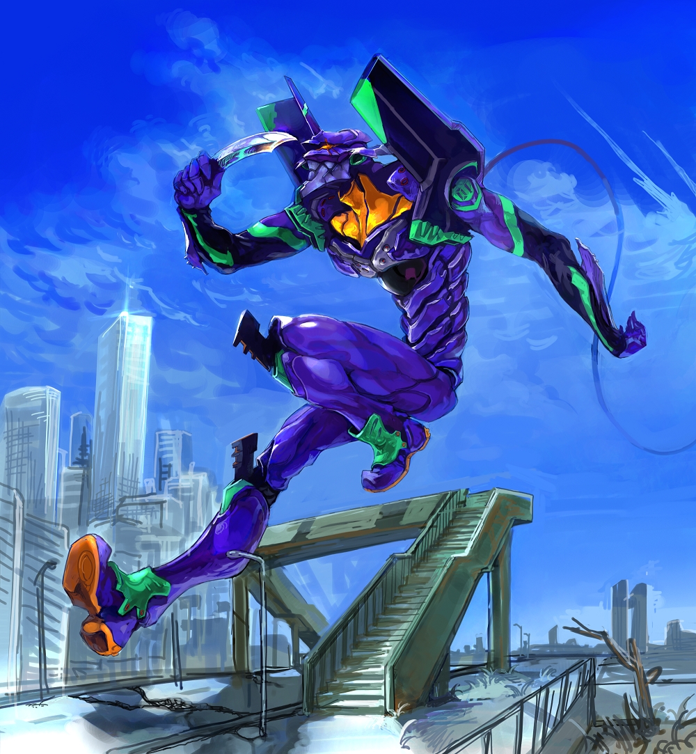 touge (kubiwa tsuki), eva 01, neon genesis evangelion, bad id, bad pixiv id, hurdle, jumping, knife, mecha, mecha focus, prog knife, robot