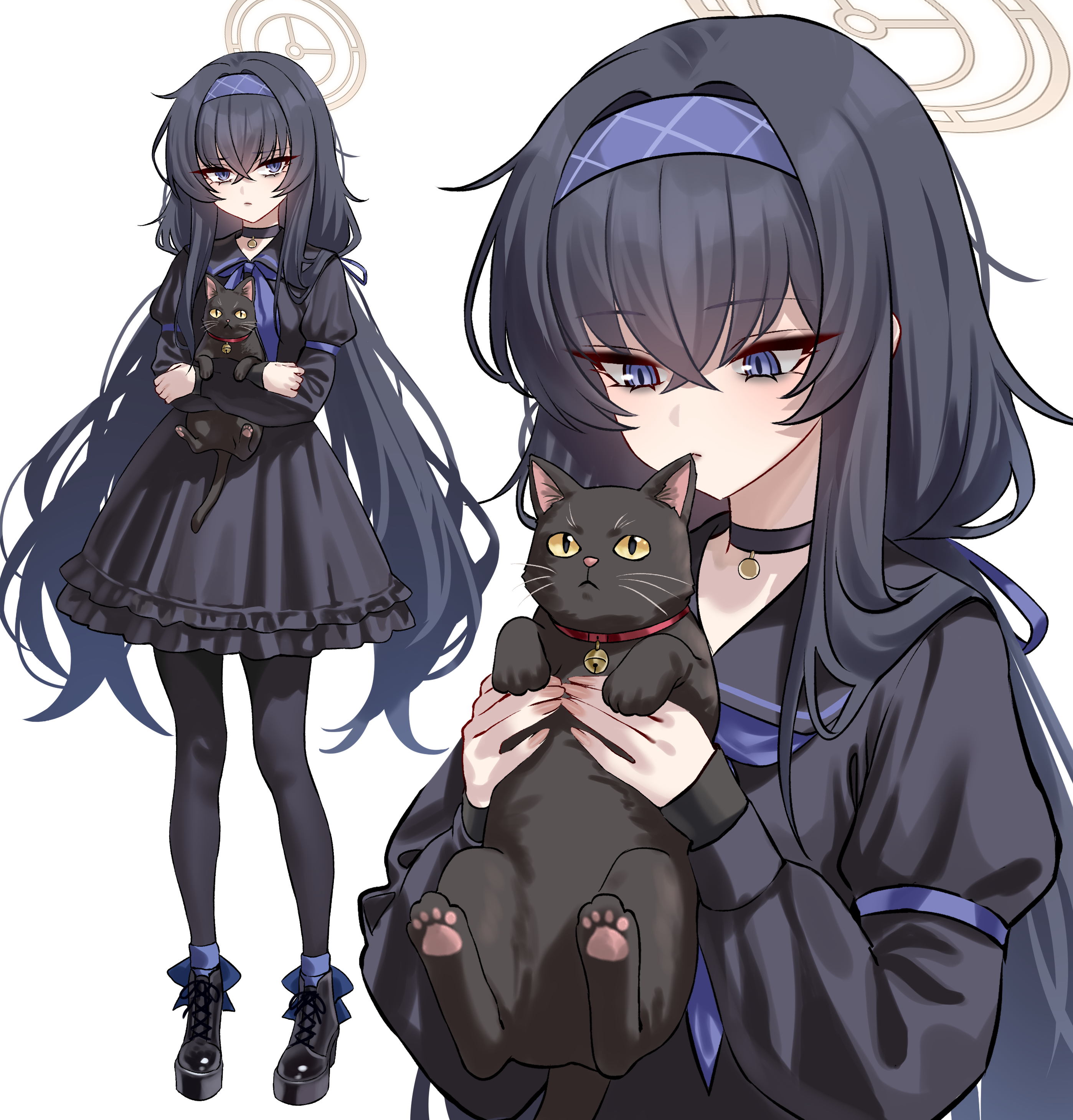 shigure s, ui (blue archive), blue archive, absurdres, highres, 1girl, animal ears, black dress, black hair, blush, breasts, cat, cat ears, dress, full body, hairband, halo, long hair, long sleeves, looking at viewer, multiple views, skirt, small breasts