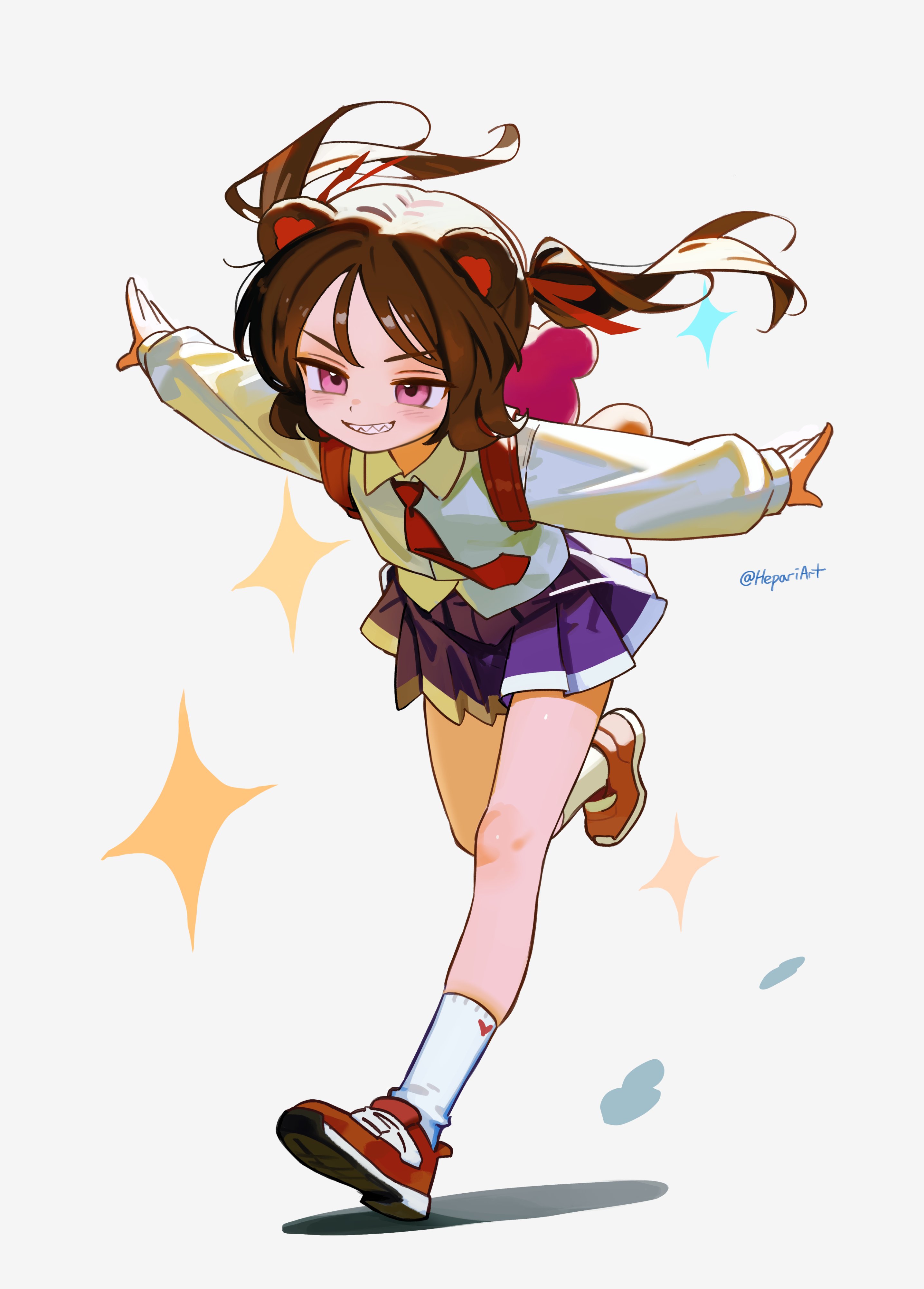 hepari, original, absurdres, highres, 1girl, animal ears, backpack, bag, bear ears, bear girl, blue skirt, blush, brown hair, collared shirt, full body, grey background, grin, long hair, long sleeves, looking at viewer, necktie, outstretched arms, pink eyes, pleated skirt, red necktie, red shoes, sharp teeth, shirt, shoes, simple background, skirt, smile, sneakers, socks, solo, teeth, twintails, twitter username, white shirt, white socks