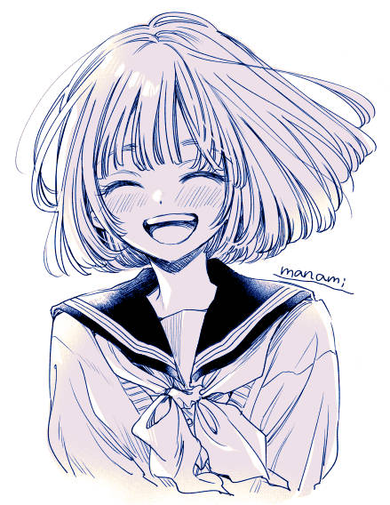 sugano manami, kazamatsuri matsuri, himawari-san, commentary request, 1girl, :d, artist name, blush, bob cut, cropped torso, facing viewer, greyscale, happy, monochrome, neckerchief, open mouth, sailor collar, school uniform, serafuku, shirt, short hair, signature, simple background, smile, solo, teeth, upper body, upper teeth only, white background