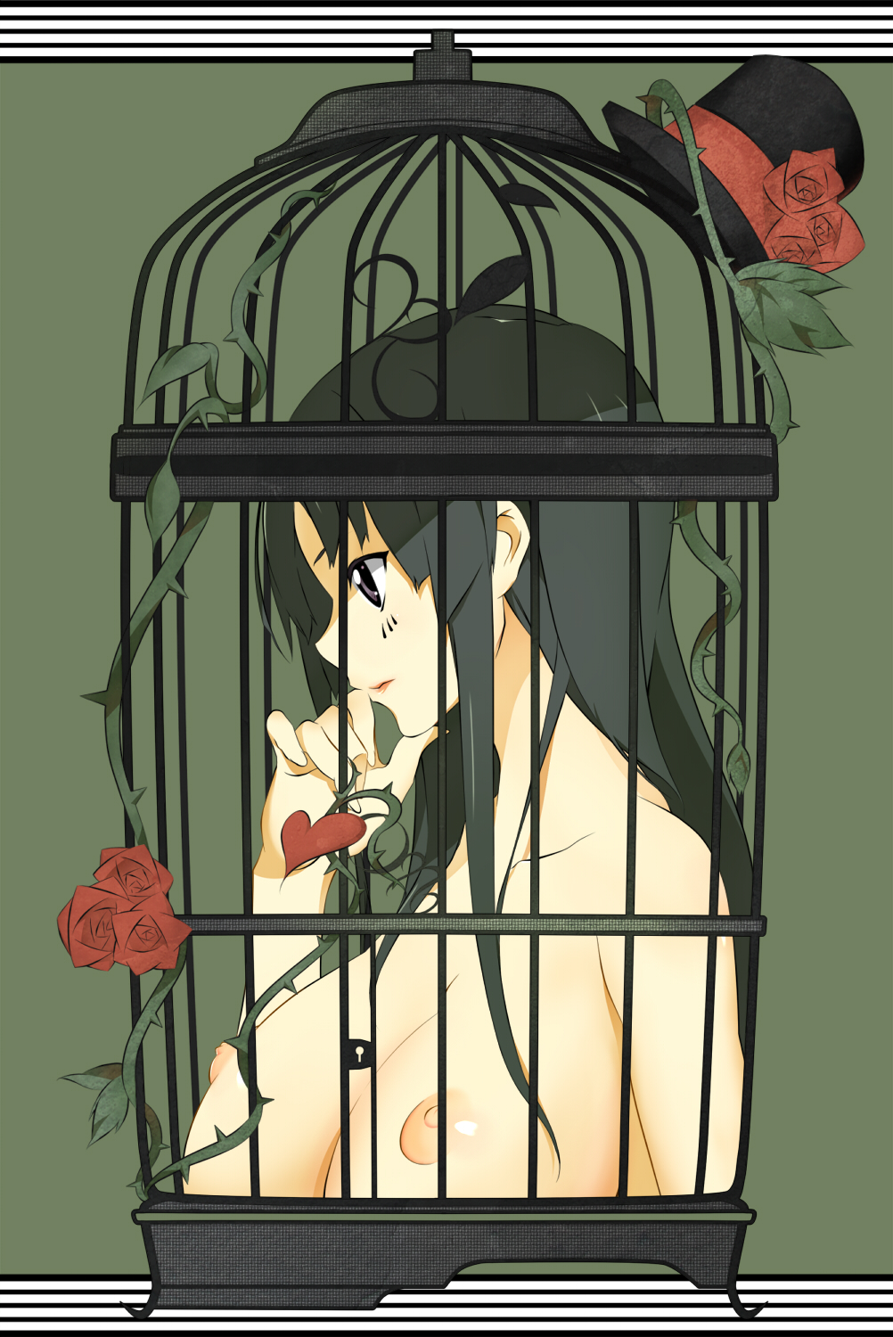 nanao (mahaya), akiyama mio, don't say "lazy", k-on!, bad id, bad pixiv id, highres, 00s, 1girl, black eyes, black hair, breasts, cage, completely nude, female focus, flower, hat, heart, in cage, long hair, mini hat, mini top hat, nipples, nude, rose, solo, thorns, top hat, topless frame, upper body
