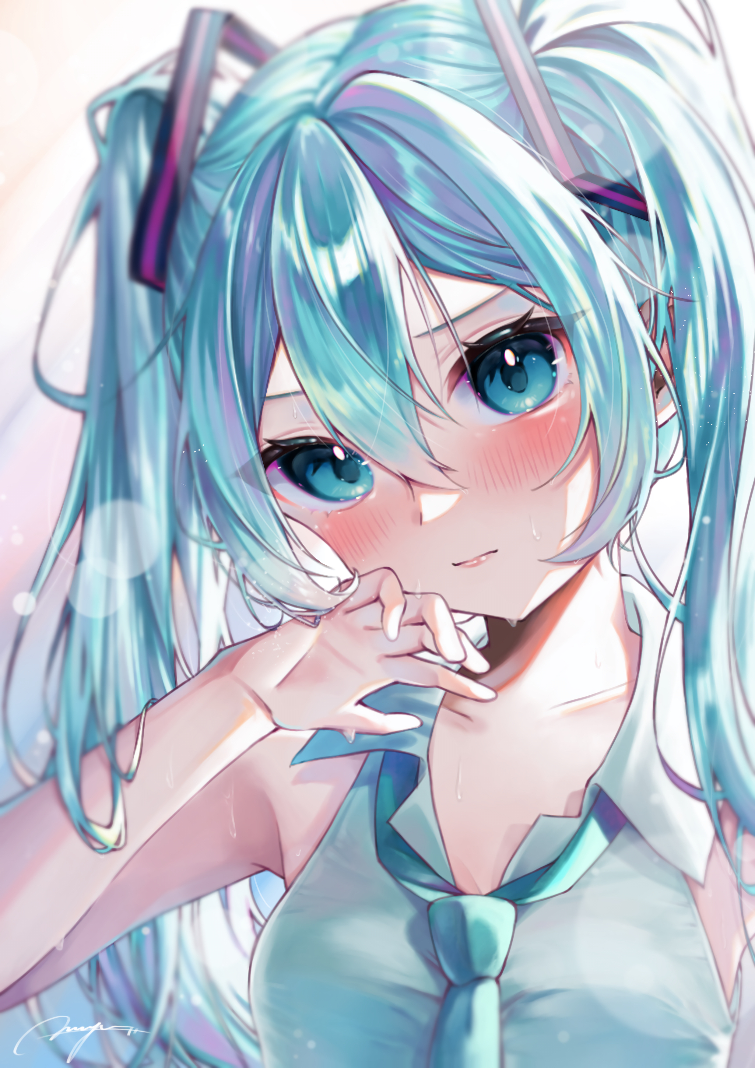mii (user naan2728), hatsune miku, vocaloid, absurdres, commentary request, highres, 1girl, aqua eyes, aqua hair, aqua necktie, blush, breasts, closed mouth, collarbone, collared shirt, grey shirt, hair between eyes, hair ornament, long hair, looking at viewer, medium breasts, necktie, shirt, sleeveless, sleeveless shirt, solo, summer, sweat, twintails, upper body, very long hair