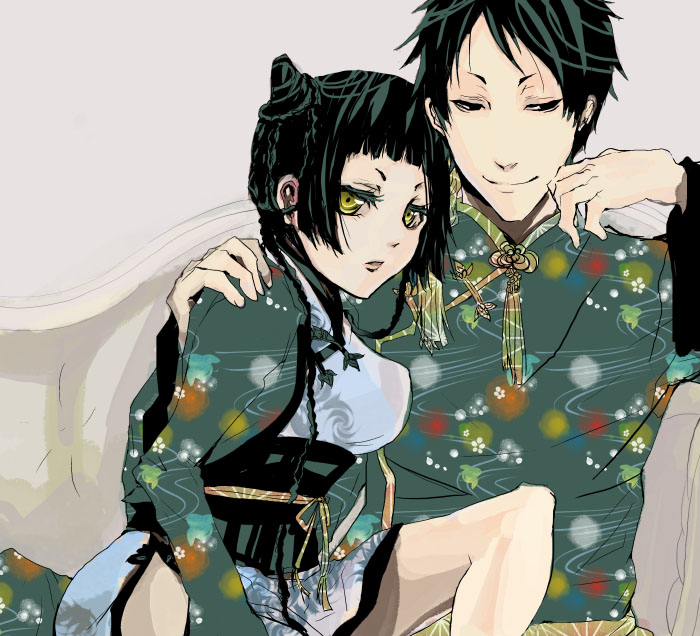 miyukiko, lau, ranmao, kuroshitsuji, 00s, 1boy, 1girl, black hair, braid, china dress, chinese clothes, dress, hand on another's shoulder, holding, yellow eyes