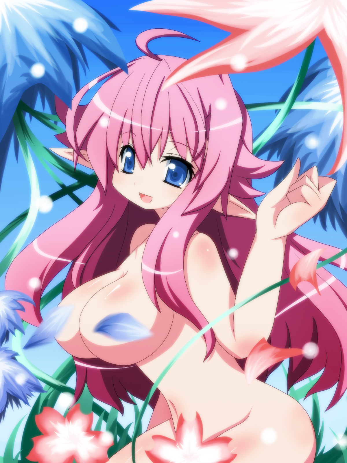 oborotsuki kakeru, highres, ahoge, antenna hair, blue eyes, breasts, censored, convenient censoring, elf, large breasts, long hair, nude, pink hair, pointy ears, red hair, solo
