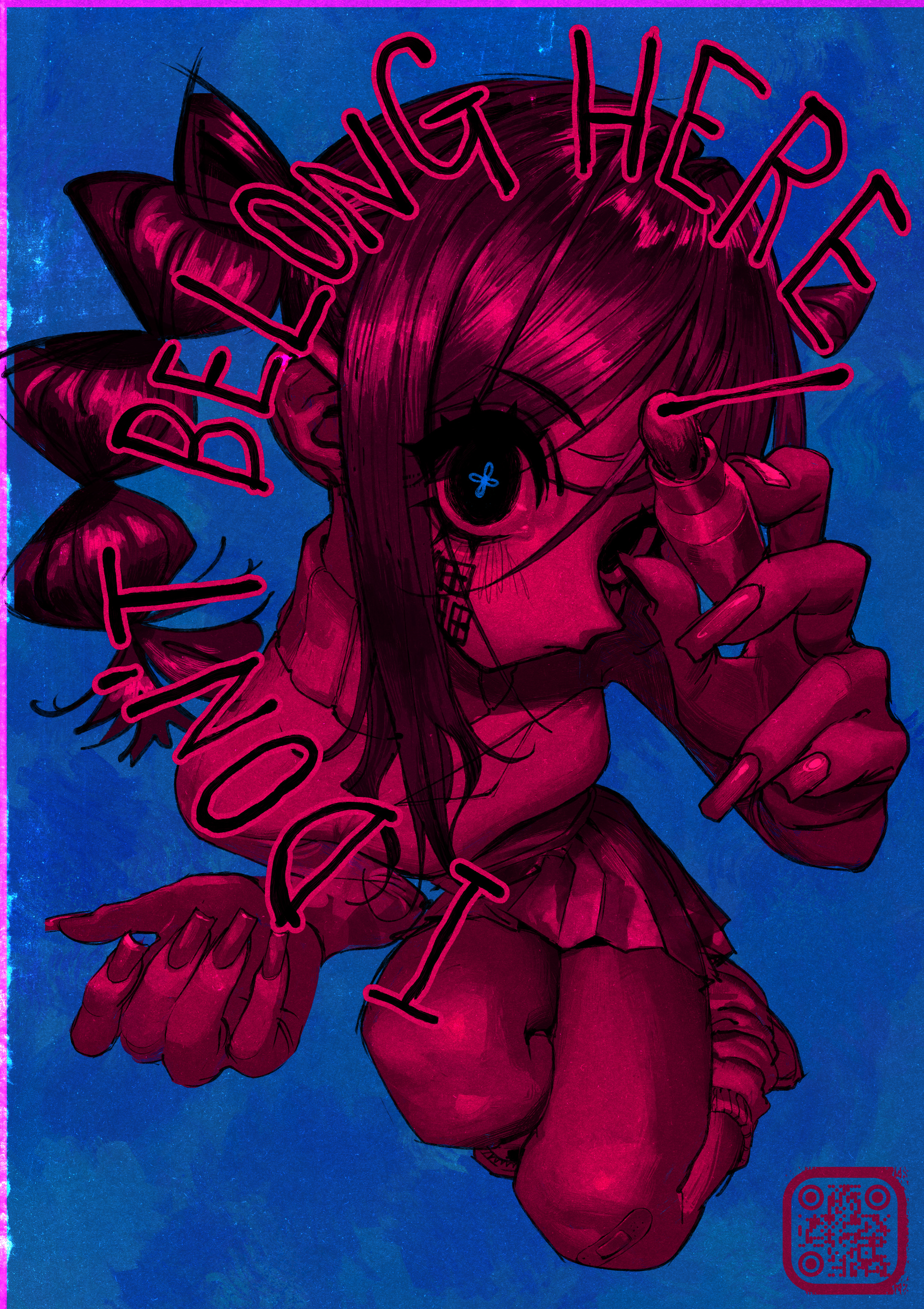 yu (stdio nameraka), original, absurdres, highres, 1girl, bandaid, bandaid on knee, bandaid on leg, blue background, closed mouth, english text, fingernails, flower-shaped pupils, full body, holding, holding marker, leg warmers, long fingernails, long hair, looking at viewer, marker, miniskirt, multi-tied hair, pleated skirt, qr code, red theme, skirt, solo, symbol-shaped pupils, writing