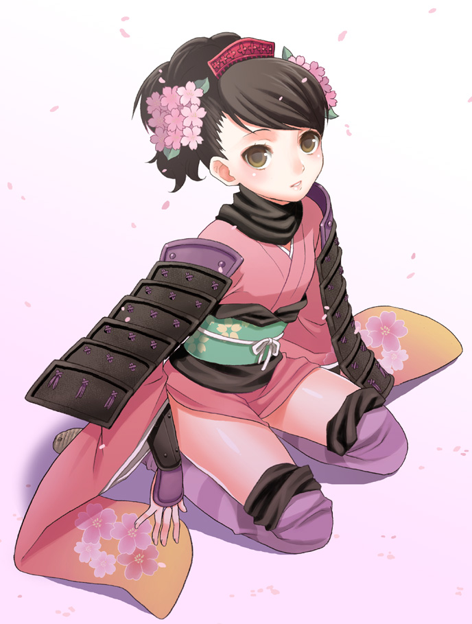 mattaku mousuke, momohime, oboro muramasa, bad id, bad pixiv id, 1girl, armor, blush, brown eyes, brown hair, female focus, flower, hair flower, hair ornament, japanese armor, japanese clothes, kneeling, obi, samurai, sash, seiza, shoulder armor, sitting, smile, sode, solo, thighhighs
