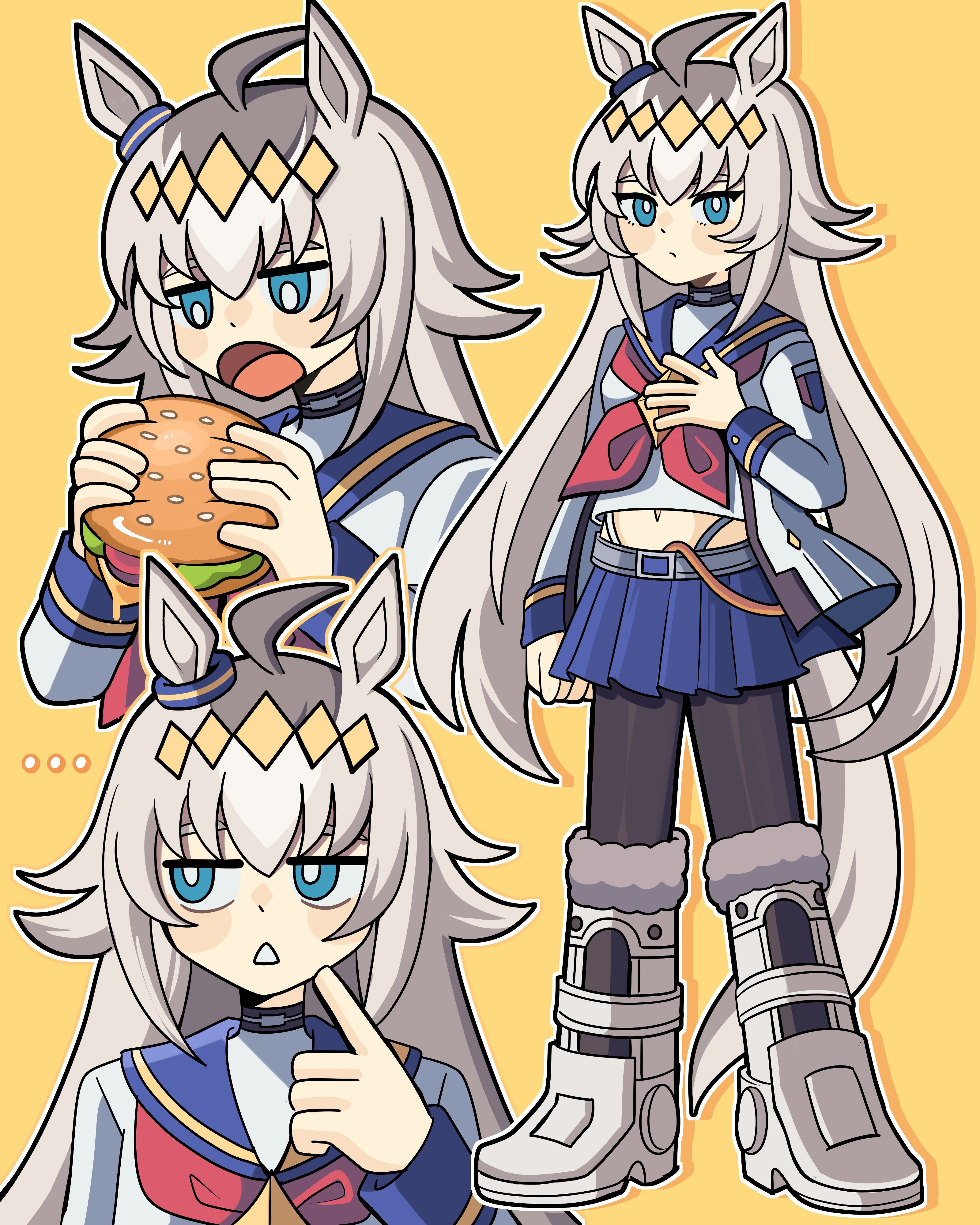 bobamiruku, oguri cap (umamusume), umamusume, absurdres, highres, …, 1girl, ahoge, animal ears, black pantyhose, blue eyes, blue skirt, boots, bright pupils, burger, closed mouth, food, grey hair, hand on own chest, holding, holding burger, holding food, horse ears, horse girl, horse tail, knee boots, long hair, long sleeves, looking at viewer, navel, neckerchief, open mouth, pantyhose, pleated skirt, red neckerchief, simple background, skirt, solo, tail, triangle mouth, white boots, white pupils, yellow background