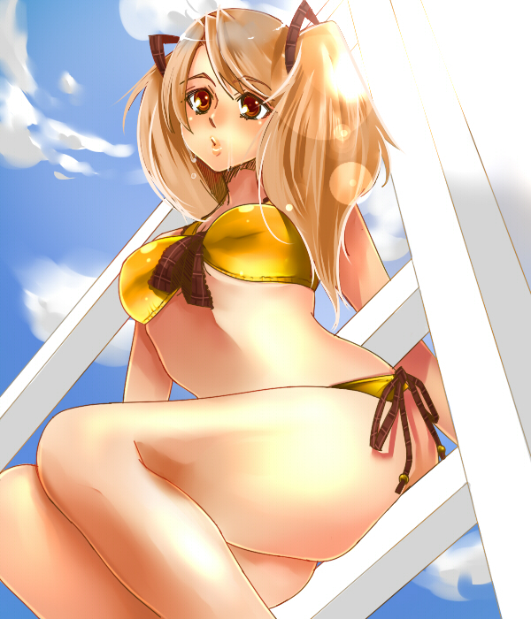 chako nejio, original, bad id, bad pixiv id, 1girl, :o, bikini, brown eyes, brown hair, cloud, day, female focus, legs, long hair, side-tie bikini bottom, sitting, solo, swimsuit, thighs, twintails, wet, yellow bikini