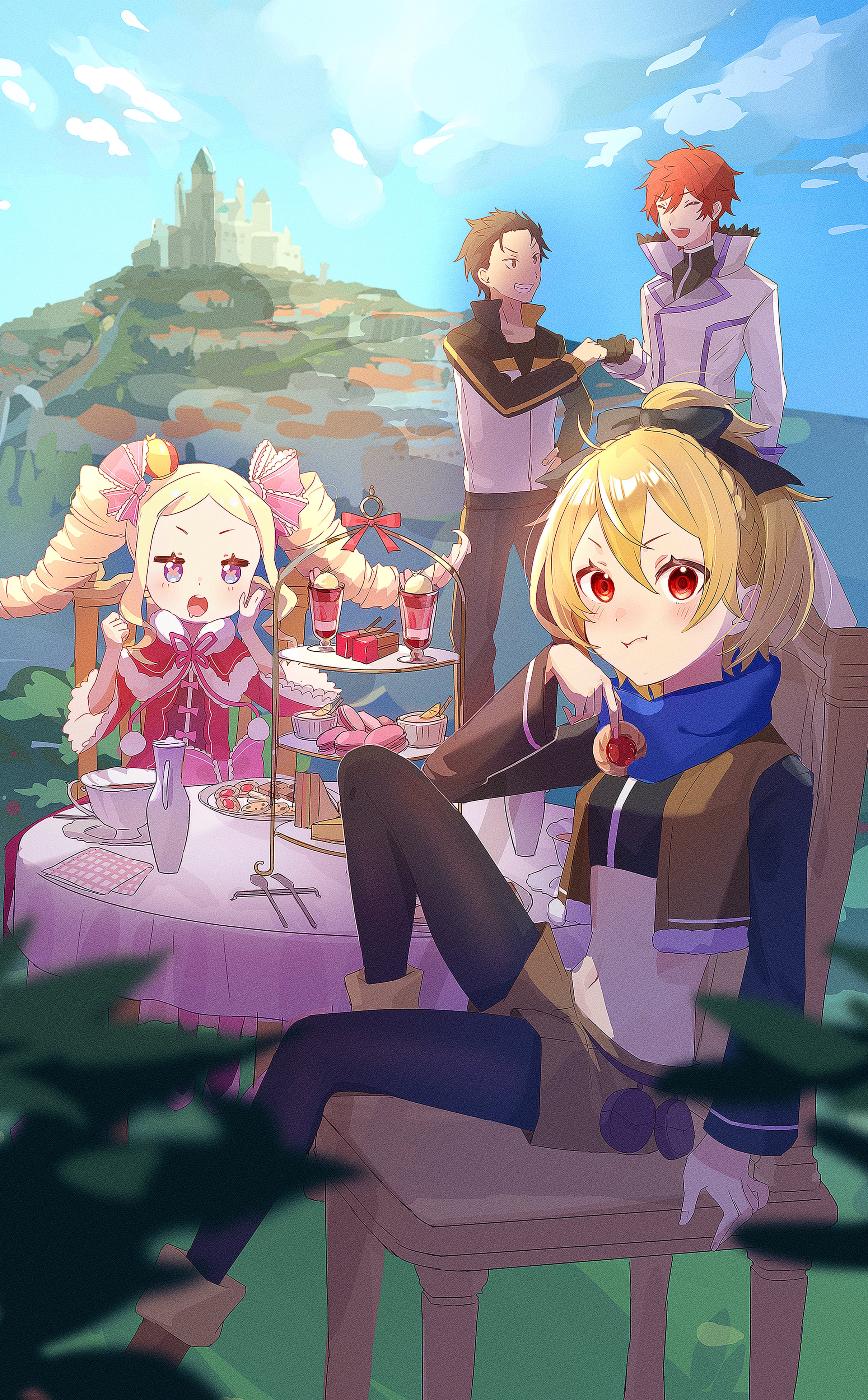 3siyo u, beatrice (re:zero), felt (re:zero), natsuki subaru, reinhard van astrea, re:zero kara hajimeru isekai seikatsu, absurdres, highres, 2boys, 2girls, black hair, black pantyhose, blonde hair, blue sky, bow, brown shorts, cake, capelet, chair, closed eyes, crop top, crown, cup, day, dress, drill hair, eating, food, fur trim, hair bow, hair ribbon, holding, jacket, long hair, long sleeves, looking at viewer, midriff, mini crown, multiple boys, multiple girls, navel, open mouth, outdoors, pants, pantyhose, ponytail, red eyes, red hair, ribbon, scarf, short hair, shorts, sidelocks, sitting, sky, smile, spoon, standing, symbol-shaped pupils, table, teacup, teapot, tiered tray, twin drills, twintails