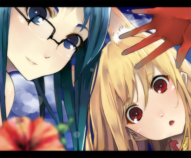 nauribon, eris (asobi ni iku yo!), futaba aoi (asobi ni iku yo!), asobi ni iku yo!, bad id, bad pixiv id, 2girls, :o, animal ears, blonde hair, blue eyes, blue hair, blurry, blush, cat ears, cat girl, close-up, depth of field, fox ears, glasses, gloves, green hair, letterboxed, long hair, looking at viewer, multiple girls, open mouth, red eyes, smile