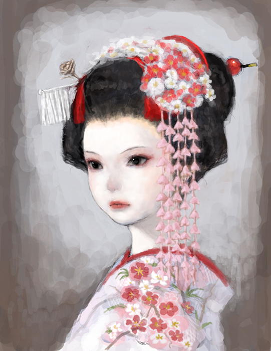 ponsuke (pon00000), bad id, bad pixiv id, 1girl, black hair, female focus, geisha, hair ornament, japanese clothes, kimono, lipstick, makeup, nihongami, solo