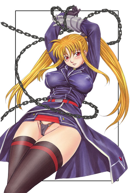 nishitsuki, nishitsuki tsutomu, fate testarossa, lyrical nanoha, mahou shoujo lyrical nanoha, 00s, blonde hair, blush, breasts, cameltoe, chain, covered erect nipples, large breasts, long hair, nipples, panties, puffy nipples, red eyes, solo, thighhighs, twintails, underwear