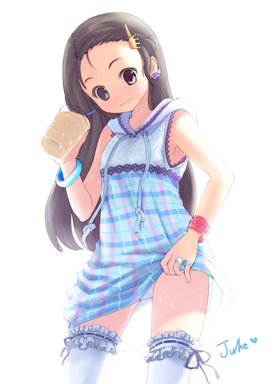 juke, bad id, bad pixiv id, highres, blush, brown eyes, brown hair, clothes lift, coffee, dress, dress lift, drink, drinking, earrings, frilled thighhighs, frills, hair ornament, hairclip, hood, hoodie, jewelry, long hair, panties, pantyshot, ring, sleeveless, sweat, thighhighs, underwear, white panties, white thighhighs