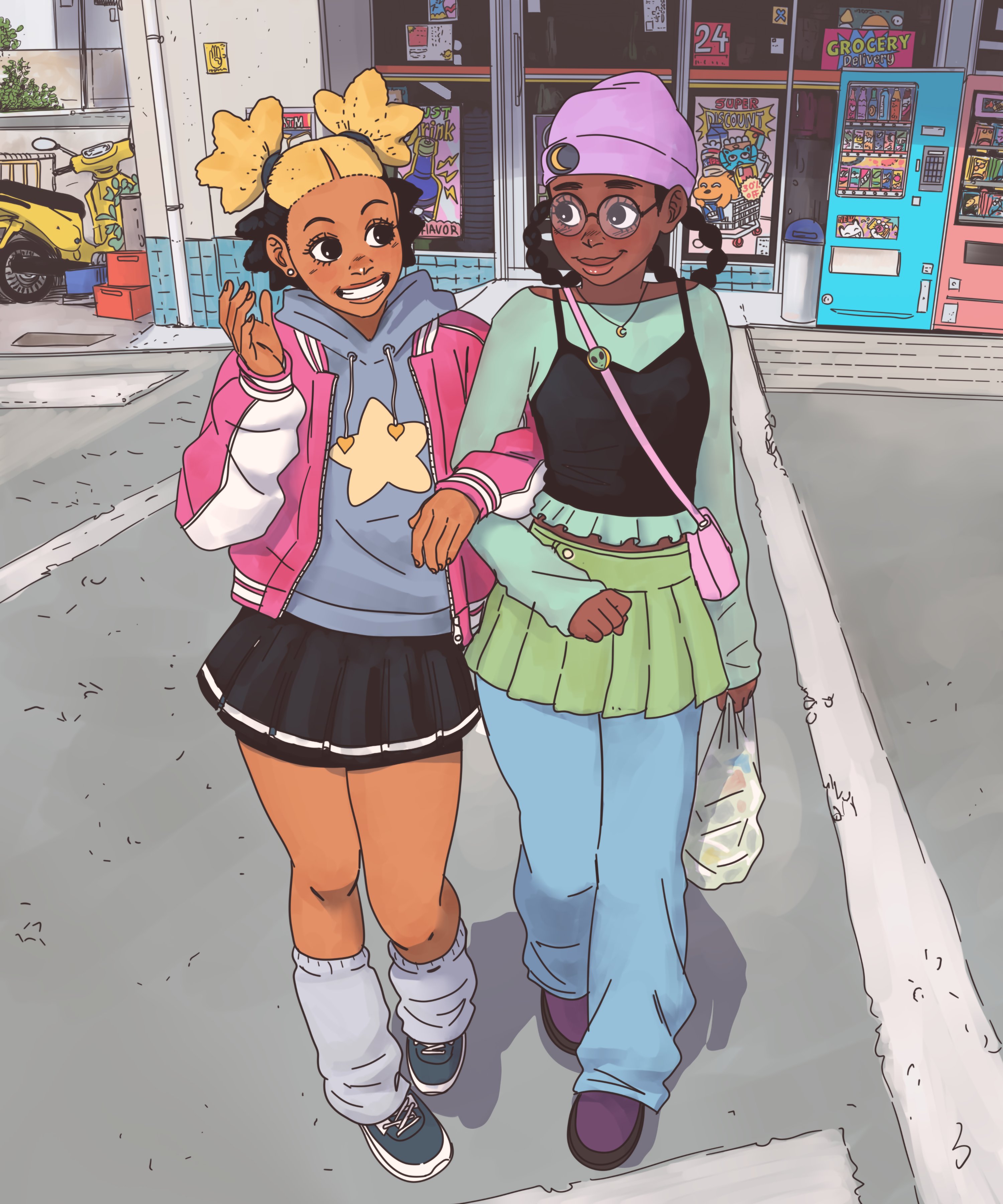 jesus aponza, aika (kiana mai), zira (kiana mai), i don't want to be a magical girl, absurdres, highres, second-party source, 2girls, beanie, black hair, black tank top, blonde hair, blue pants, dark-skinned female, dark skin, day, glasses, green shirt, green skirt, grey hoodie, hat, hood, hoodie, jacket, multicolored hair, multiple girls, open clothes, open jacket, outdoors, pants, parking lot, pink hat, pink jacket, pleated skirt, round eyewear, shirt, shop, skirt, socks, tank top, two-tone hair, vending machine, white socks