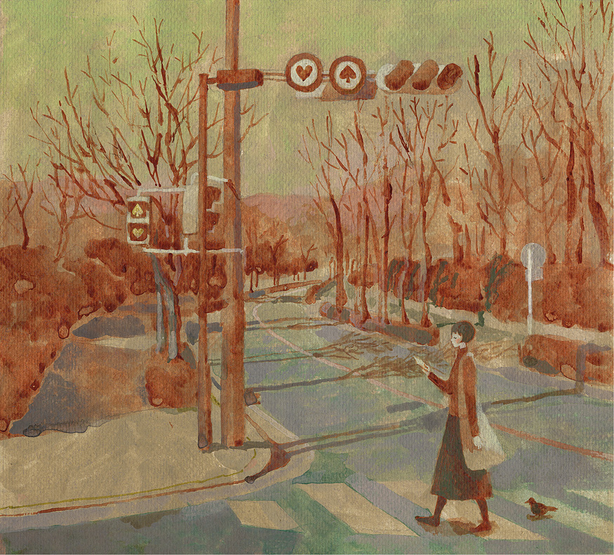 kumaori jun, original, bad id, bad pixiv id, traditional media, 1girl, bare tree, bird, crosswalk, female focus, heart, monochrome, outdoors, road, sepia, solo, spade, spade (shape), traffic light, tree