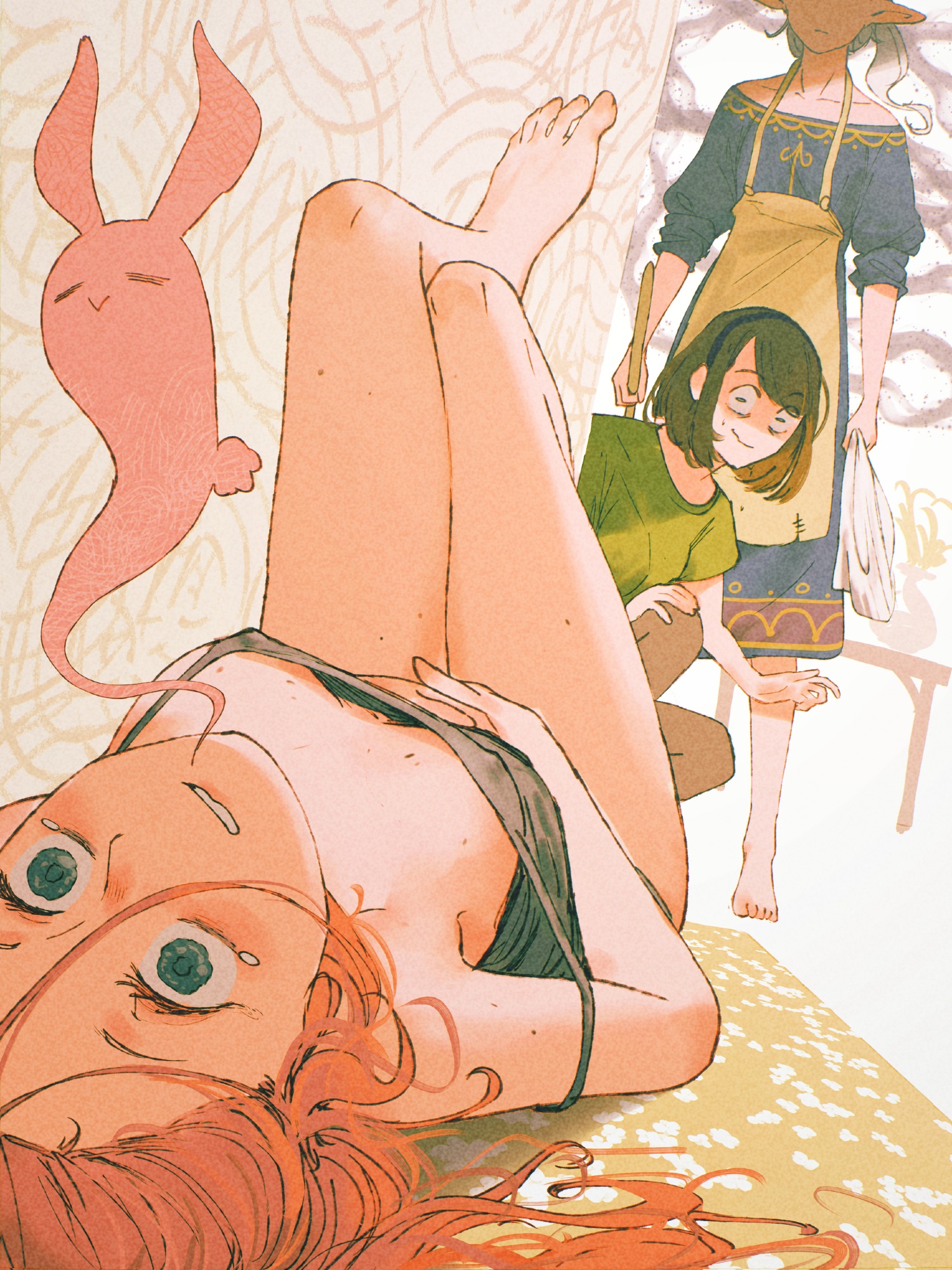 spindle (aidenr0), asimov (spindle (aidenr0)), felt (spindle (aidenr0)), ottilie (spindle (aidenr0)), original, highres, 3girls, animal ears, apron, black hairband, blue dress, blue eyes, brown hair, brown panties, caught, dress, feet, ghost, ghost tail, giving up the ghost, green eyes, green shirt, grey tank top, hairband, multiple girls, panties, pink hair, ponytail, rabbit ears, rabbit girl, rabbit tail, rubber band, shirt, short hair, single bare shoulder, table, tail, tank top, underwear, white hair, yellow apron