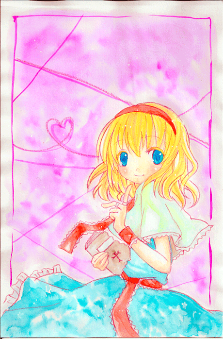 emo (artist), emo (mikan), alice margatroid, touhou, bad id, bad pixiv id, traditional media, 1girl, blonde hair, blue eyes, book, female focus, hairband, short hair, solo, standing