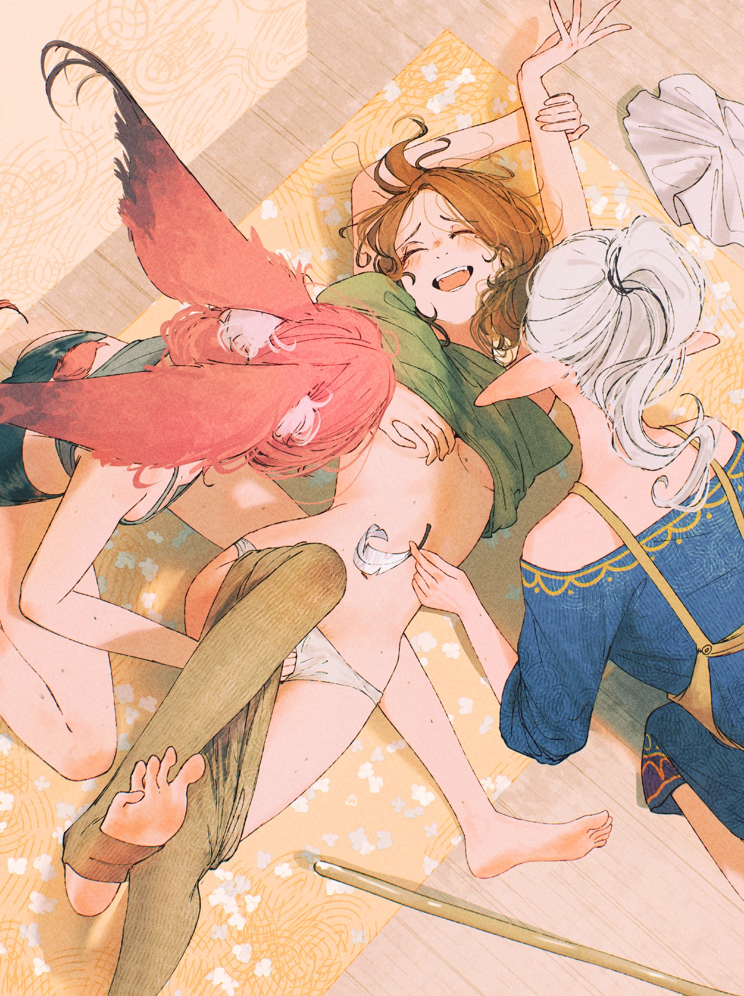 spindle (aidenr0), asimov (spindle (aidenr0)), felt (spindle (aidenr0)), ottilie (spindle (aidenr0)), original, highres, 3girls, animal ears, apron, black hairband, black panties, blue dress, brown hair, brown pants, closed eyes, clothes pull, dress, feet, from above, grabbing another's breast, green shirt, grey tank top, groping, hairband, hand on another's chest, kneeling, laughing, multiple girls, navel, no bra, open mouth, panties, pants, pants pull, partially undressed, pink hair, ponytail, rabbit ears, rabbit girl, rabbit tail, revenge, shirt, shirt pull, short hair, single bare shoulder, tail, tank top, tickling, tickling navel, tickling stomach, underwear, white hair, white panties, yellow apron