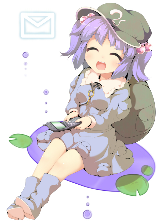 uruu gekka, kawashiro nitori, touhou, bad id, bad pixiv id, 1girl, backpack, bag, blue hair, boots, cellphone, closed eyes, female focus, full body, hair bobbles, hair ornament, hat, phone, plant, randoseru, simple background, skirt, smile, solo, two side up, white background