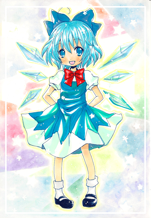 emo (artist), emo (mikan), cirno, embodiment of scarlet devil, touhou, bad id, bad pixiv id, traditional media, 1girl, blue eyes, blue hair, bow, dress, female focus, full body, hair bow, matching hair/eyes, short hair, solo, wings