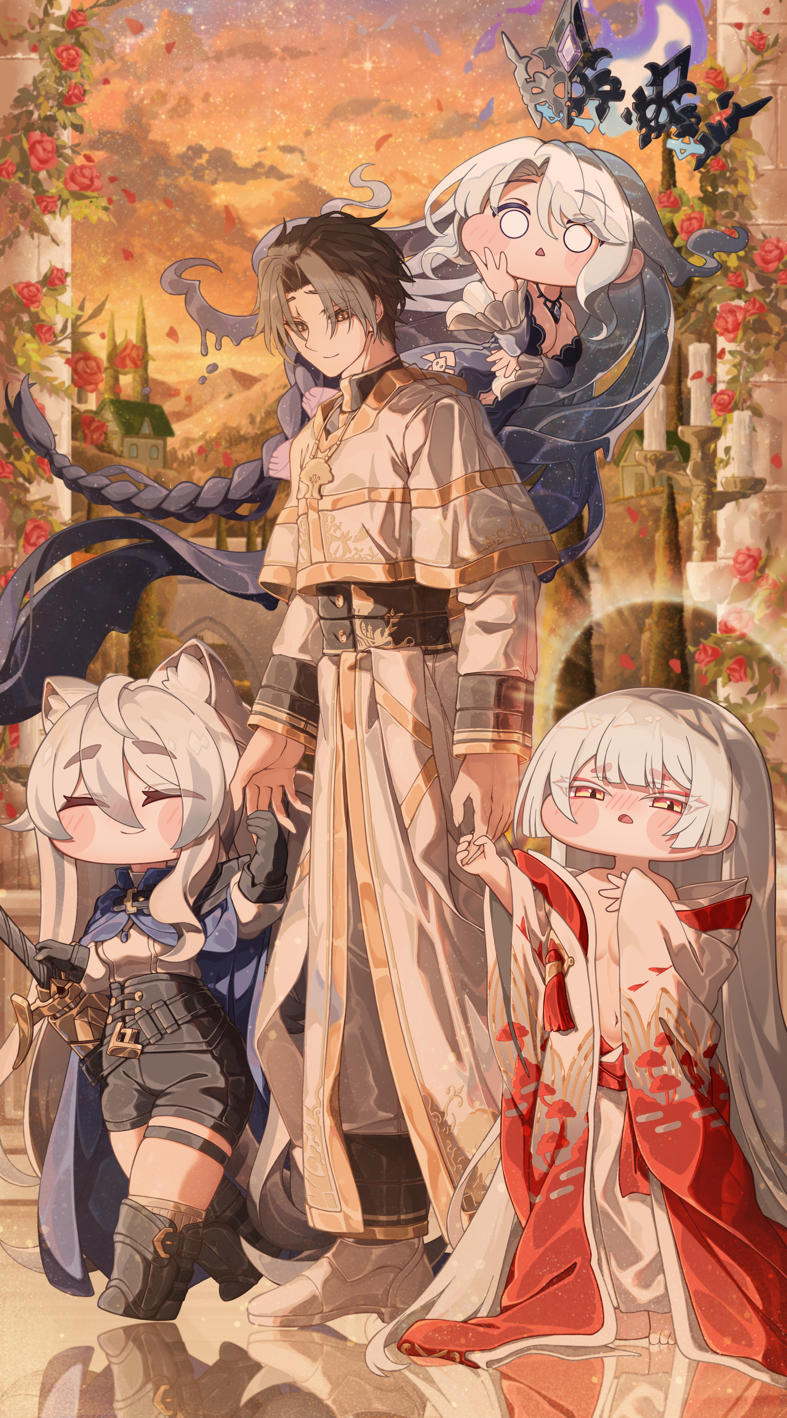 blitz predator, leader (trickcal), tig (trickcal), vela (trickcal), trickcal, absurdres, commentary, highres, 1boy, 3girls, behind another, black boots, black shorts, blue cape, blush stickers, boots, braid, breasts, brown hair, cape, capelet, closed eyes, closed mouth, crown, deformed, floating, floating crown, flower, halo, hand on own chest, high-waist shorts, hime cut, holding another's finger, holding hands, japanese clothes, kimono, large breasts, long hair, long sleeves, looking at another, looking at viewer, multiple girls, open clothes, open kimono, orange sky, outdoors, pillar, plant, red flower, red kimono, red rose, reflective floor, robe, rose, sheath, sheathed, short hair, shorts, sky, small breasts, smile, star (sky), starry sky, sword, twilight, uros (trickcal), very long hair, vines, walking, weapon, white capelet, white hair, white robe