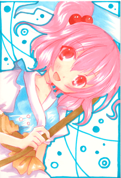 emo (artist), emo (mikan), onozuka komachi, touhou, bad id, bad pixiv id, traditional media, 1girl, female focus, hair bobbles, hair ornament, red eyes, red hair, scythe, short hair, solo, twintails, two side up