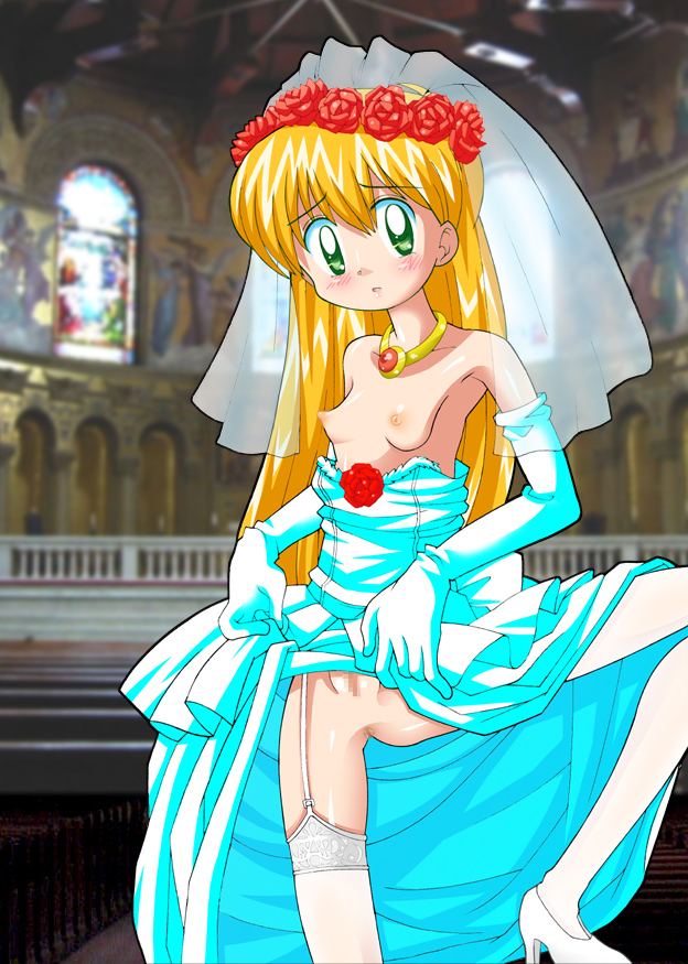 kouzuki miyu, daa! daa! daa!, artist request, 1girl, anus, bad anatomy, blonde hair, breasts, bridal veil, censored, church, clothes lift, clothes pull, dress, dress lift, dress pull, elbow gloves, female focus, flashing, flower, garter straps, gloves, green eyes, high heels, indoors, jewelry, loli, long hair, looking at viewer, mosaic censoring, necklace, no panties, photo background, pussy, shoes, skirt, skirt lift, small breasts, solo, thighhighs, veil, wedding dress, white thighhighs