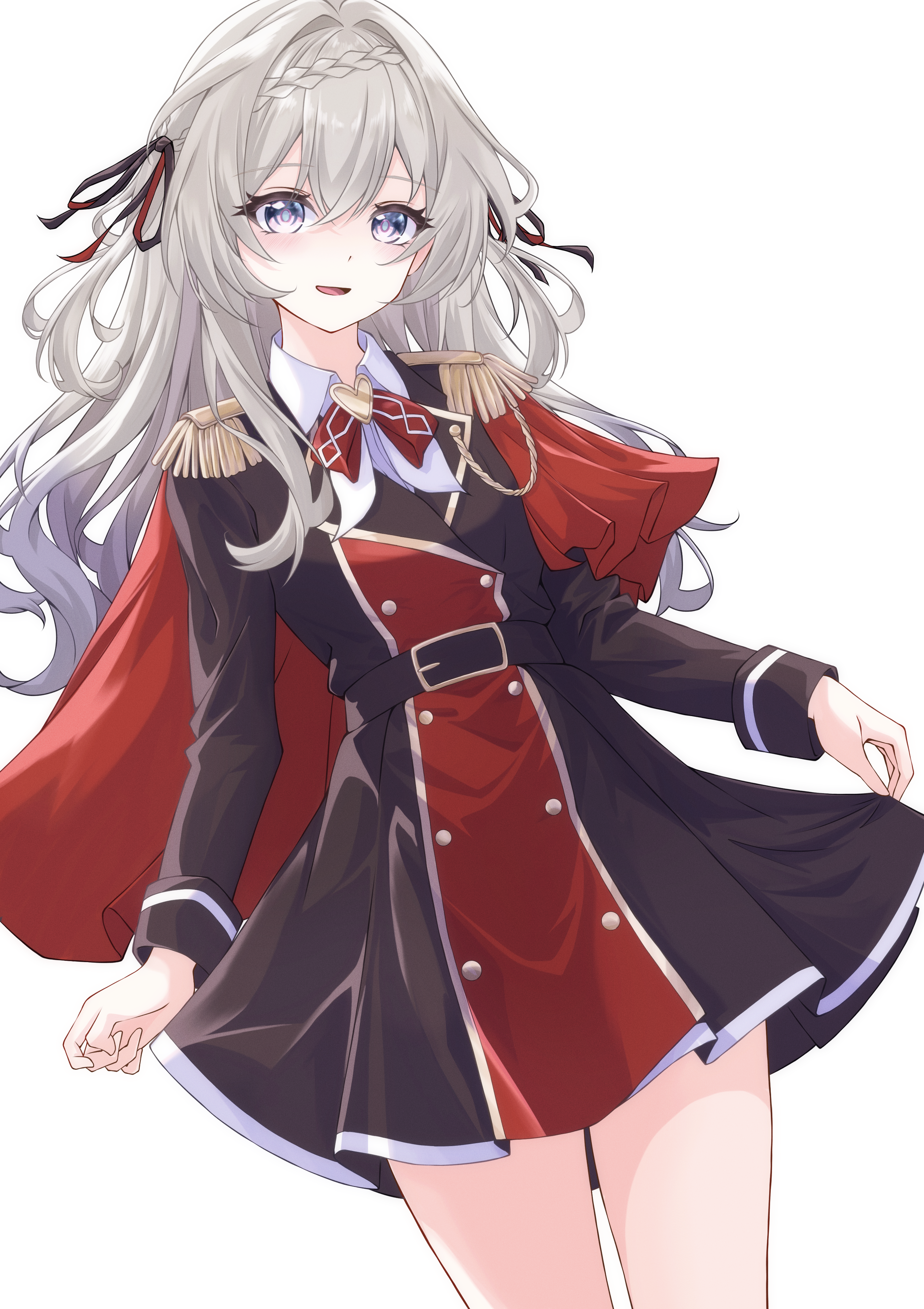 reachizu, firefly (honkai: star rail), firefly (vision) (honkai: star rail), honkai: star rail, honkai (series), absurdres, commentary request, highres, 1girl, belt, braid, braided bangs, brown belt, cape, cowboy shot, dress, epaulettes, grey hair, hair between eyes, hair intakes, hair ribbon, long hair, long sleeves, looking at viewer, military uniform, official alternate costume, open mouth, purple eyes, red cape, red ribbon, ribbon, simple background, skirt hold, solo, two-tone dress, white background