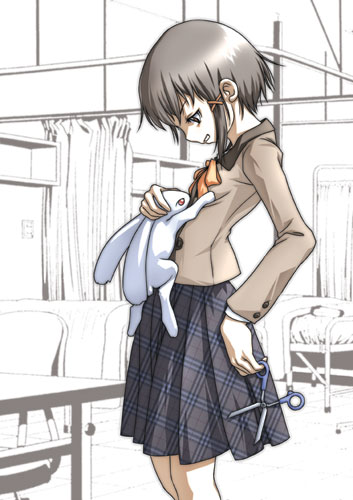 19 (nin19), iwakura lain, serial experiments lain, lowres, 1girl, animal, bed, breasts, brown eyes, brown hair, brown jacket, brown sleeves, buttons, chair, clenched teeth, cowboy shot, door, from side, grey skirt, hair ornament, hairclip, holding, holding animal, holding rabbit, holding scissors, hospital bed, indoors, infirmary, jacket, long sleeves, looking down, medium skirt, muted color, orange ribbon, plaid clothes, plaid skirt, privacy screen, rabbit, red eyes, ribbon, school uniform, scissors, short hair, sidelocks, skirt, small breasts, solo focus, swivel chair, table, teeth, white background, white rabbit (animal)