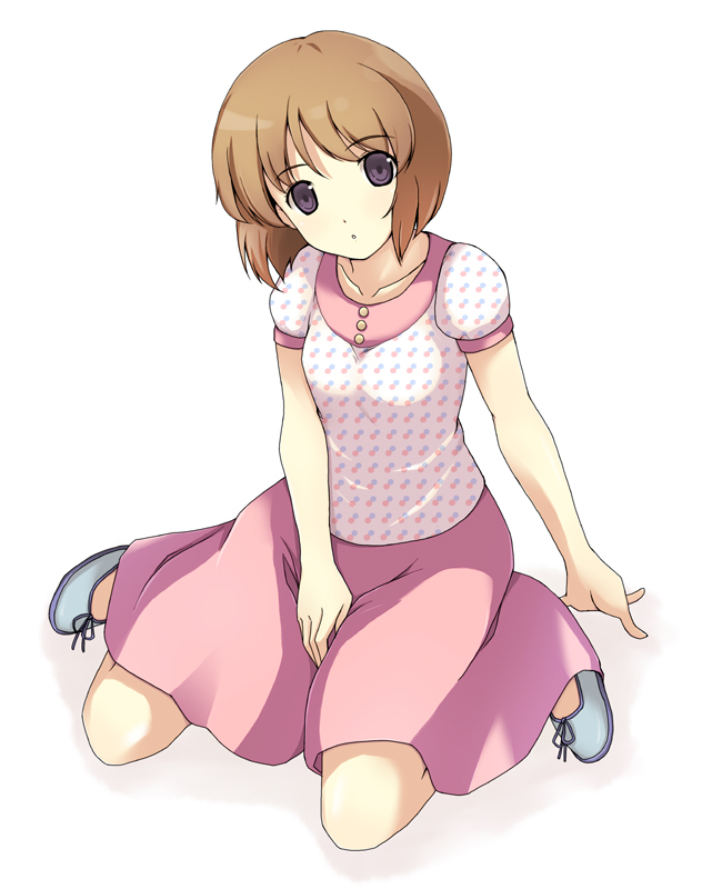 onion (lemlaml), hagiwara yukiho, idolmaster, idolmaster (classic), idolmaster 1, bad id, bad pixiv id, 00s, 1girl, blouse, bob cut, brown hair, casual, female focus, kneeling, long skirt, shirt, short hair, skirt, solo