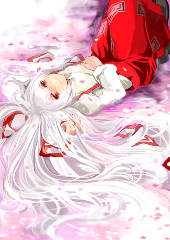 mosuke, fujiwara no mokou, touhou, 1girl, cherry blossoms, female focus, hair spread out, long hair, lying, plant, solo, suspenders, white hair