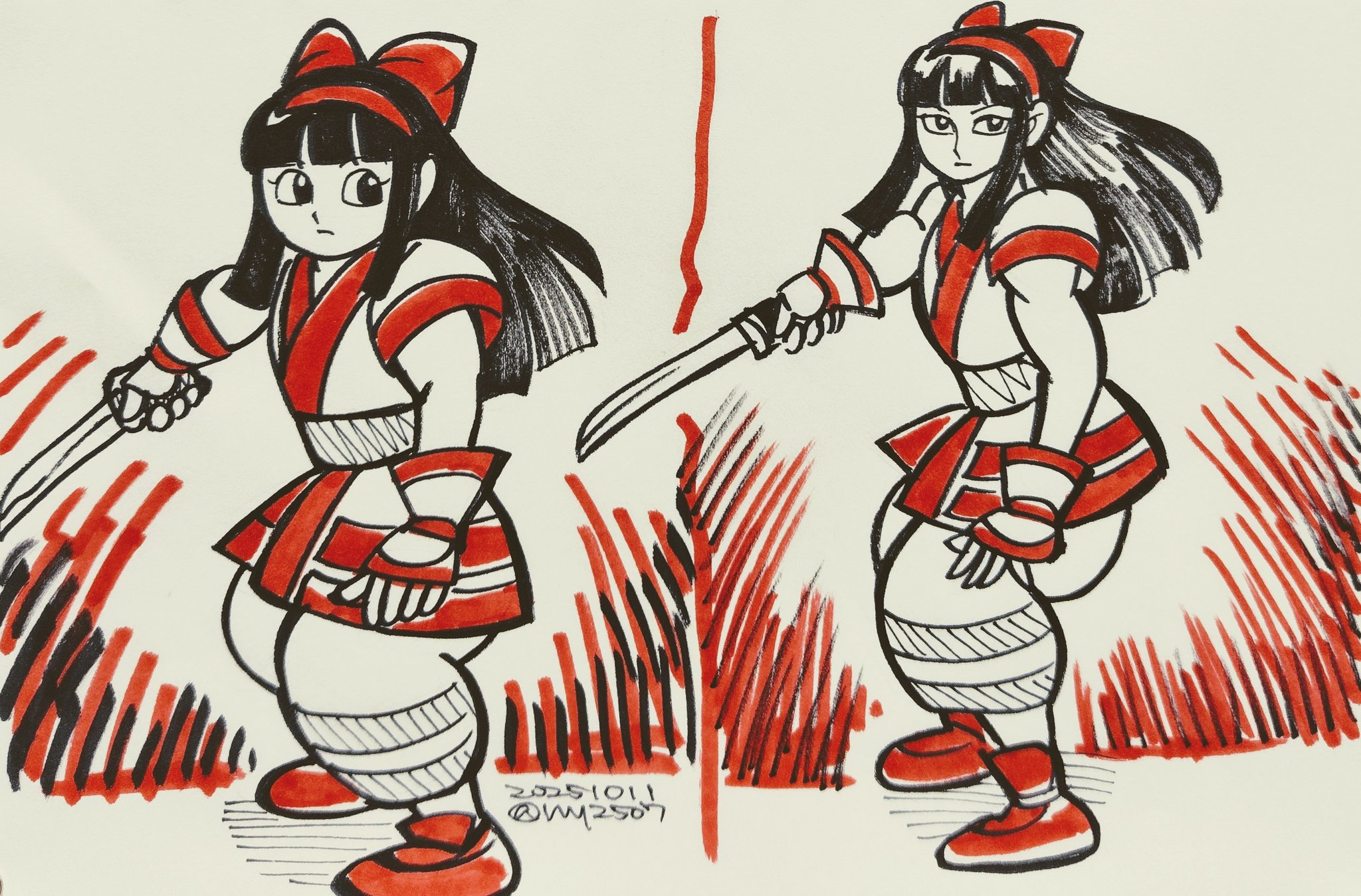 nakoruru, samurai spirits, snk, the king of fighters, highres, traditional media, 2girls, ainu clothes, artist name, black eyes, black hair, breasts, clone, dated, expressionless, fighting stance, fingerless gloves, gloves, hair ribbon, legs, long hair, looking at viewer, multiple girls, pants, ribbon, serious, small breasts, solo, thighs, weapon