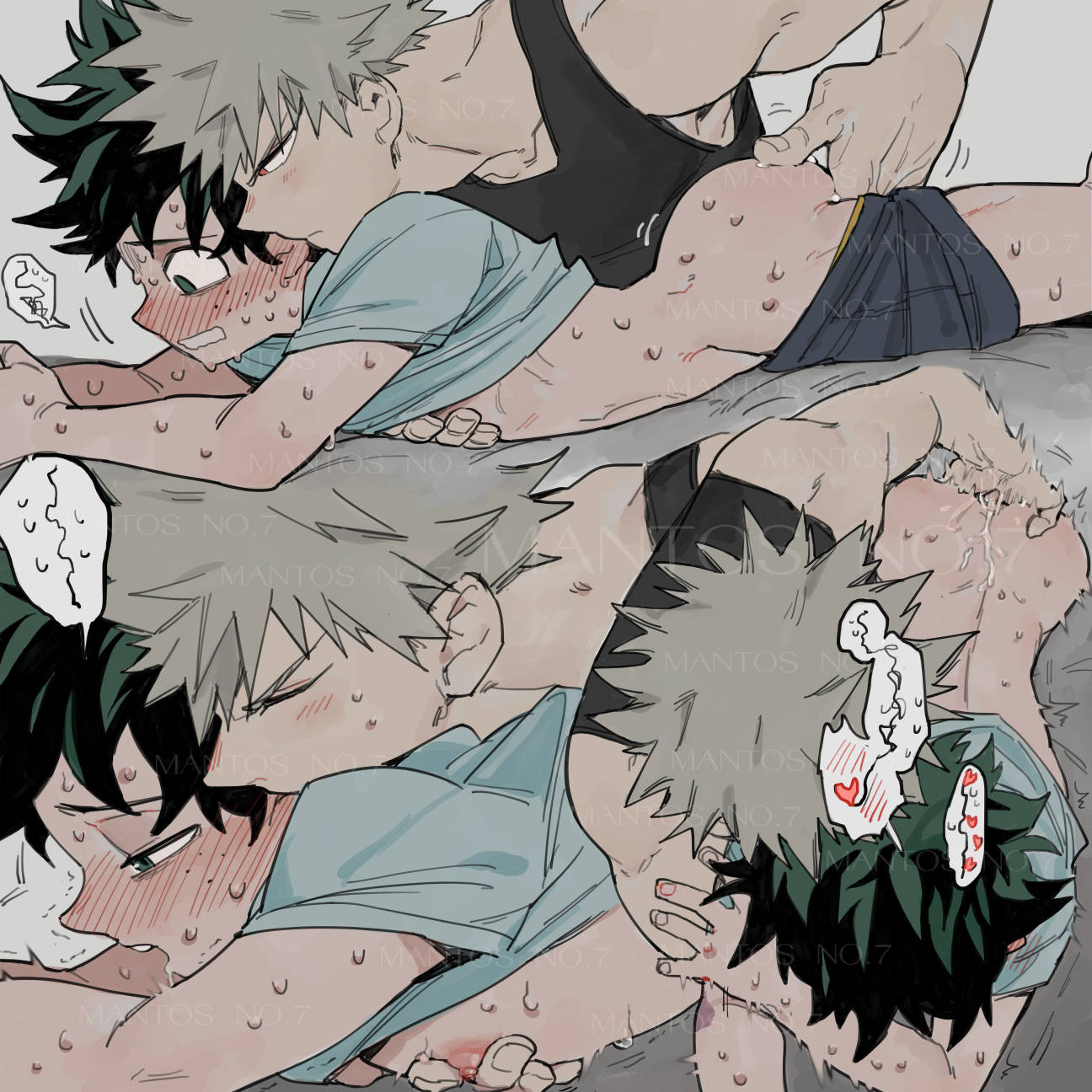 mantos no.7, bakugou katsuki, midoriya izuku, boku no hero academia, highres, 2boys, anal, anal fingering, ass, awkward, biting, blonde hair, blush, curly hair, fingering, freckles, green eyes, green hair, kiss, legs, lying, messy hair, multiple boys, on stomach, reading, red eyes, shirt, shorts, spiked hair, surprised, sweatdrop, yaoi