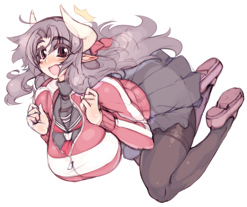 mel/a, akatsuki francesca, original, bad id, bad pixiv id, 1girl, black hair, blush, breasts, demon girl, falling, hair ornament, horns, huge breasts, jacket, jersey, long hair, mature female, miniskirt, open mouth, pantyhose, pleated skirt, pointy ears, red eyes, school uniform, serafuku, shoes, skirt, smile, striped clothes, striped sweater, surprised, sweater, thighband pantyhose, track jacket, zipper